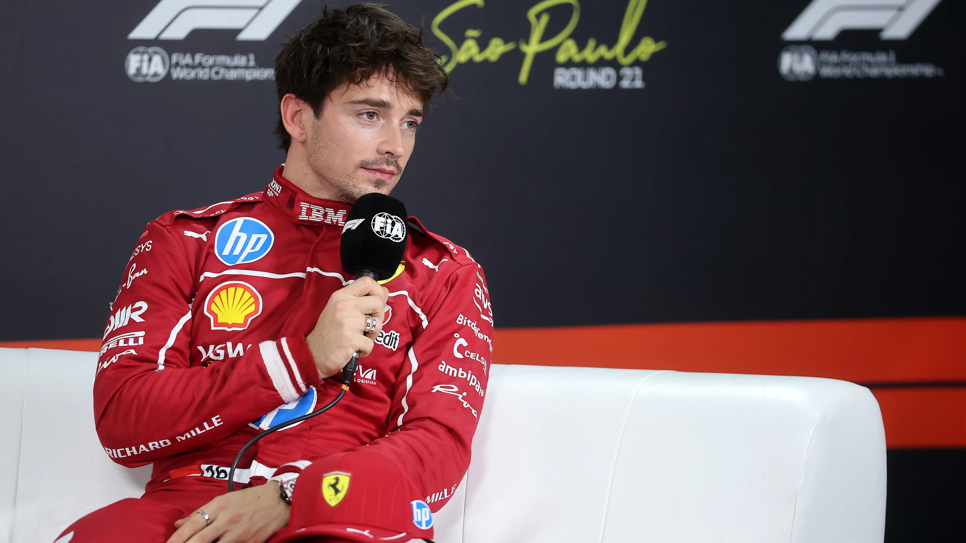 SAO PAULO, BRAZIL - NOVEMBER 08: Third placed qualifier Charles Leclerc of Monaco and Scuderia