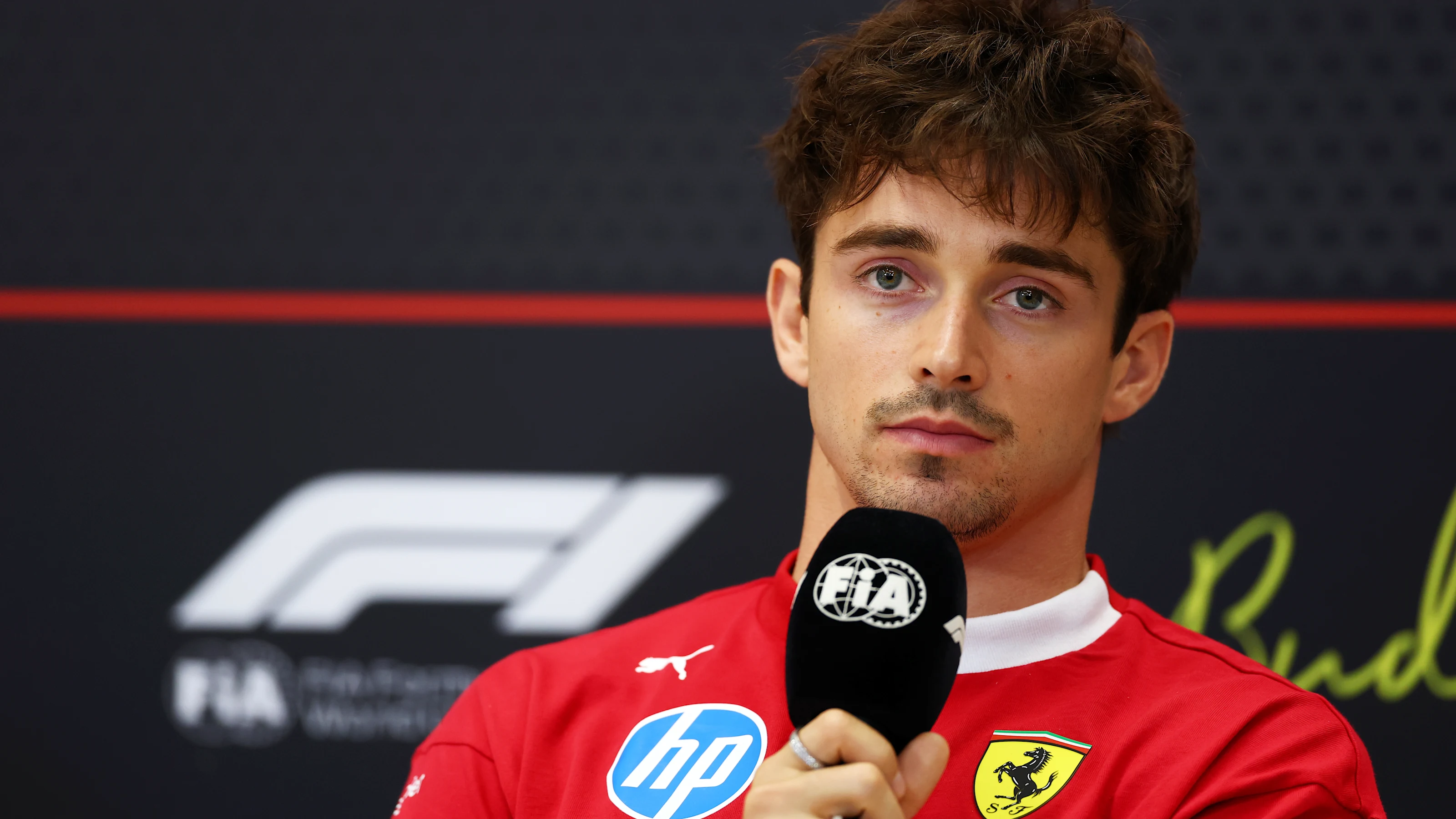 BUDAPEST, HUNGARY - JULY 31: Charles Leclerc of Monaco and Scuderia Ferrari speaks in the Drivers