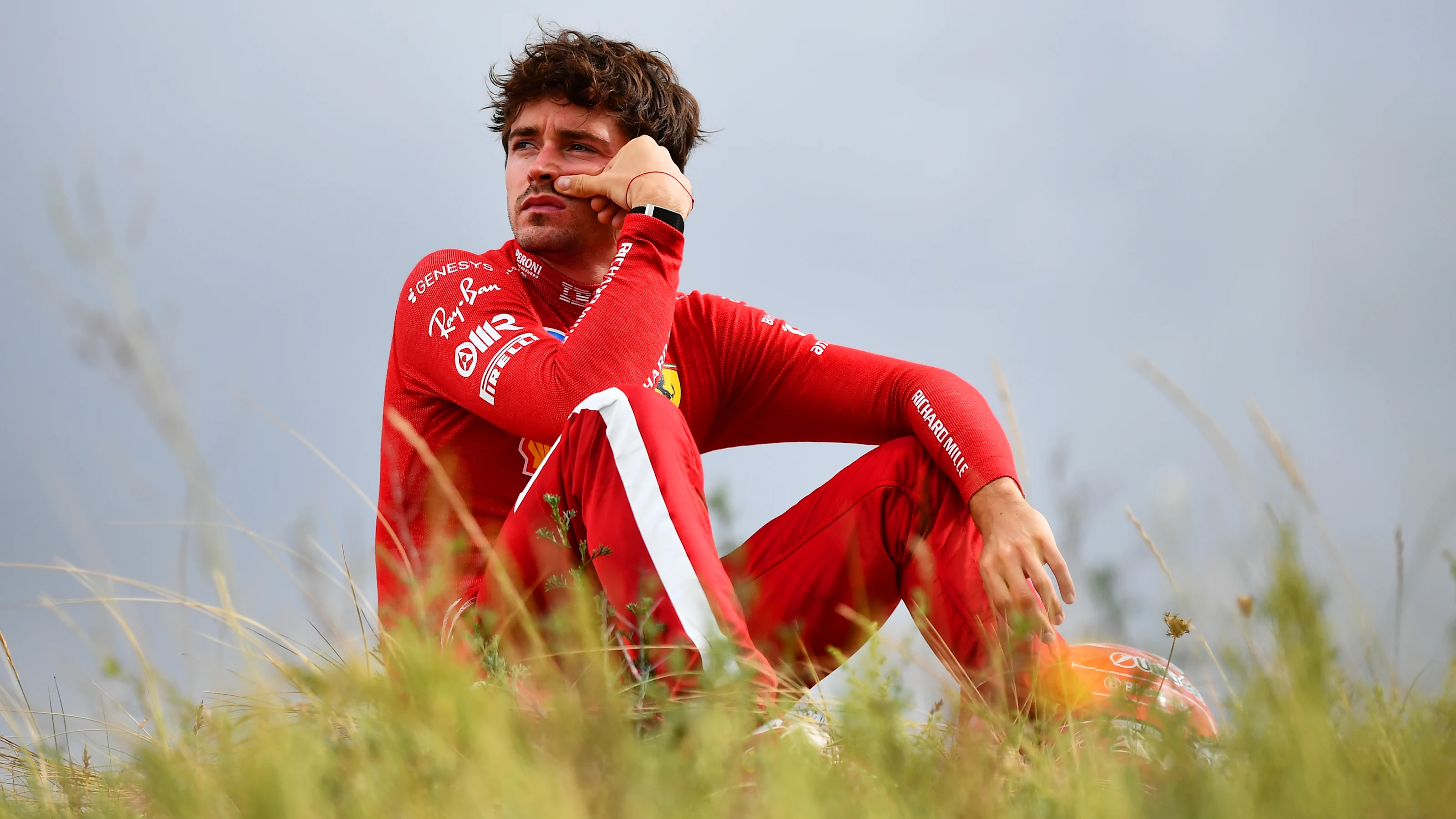 ZANDVOORT, NETHERLANDS - AUGUST 31: Charles Leclerc of Monaco and Scuderia Ferrari sits out after a