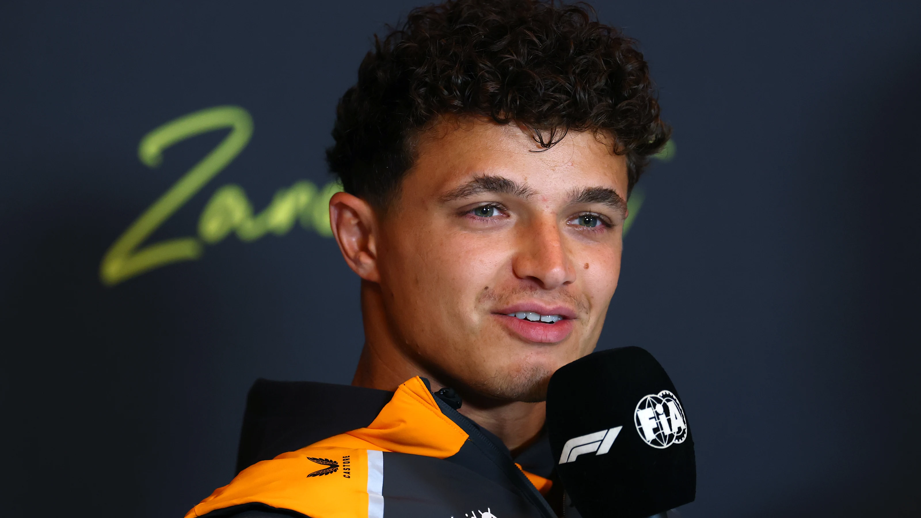 ZANDVOORT, NETHERLANDS - AUGUST 28: Lando Norris of Great Britain and McLaren speaks in the Drivers