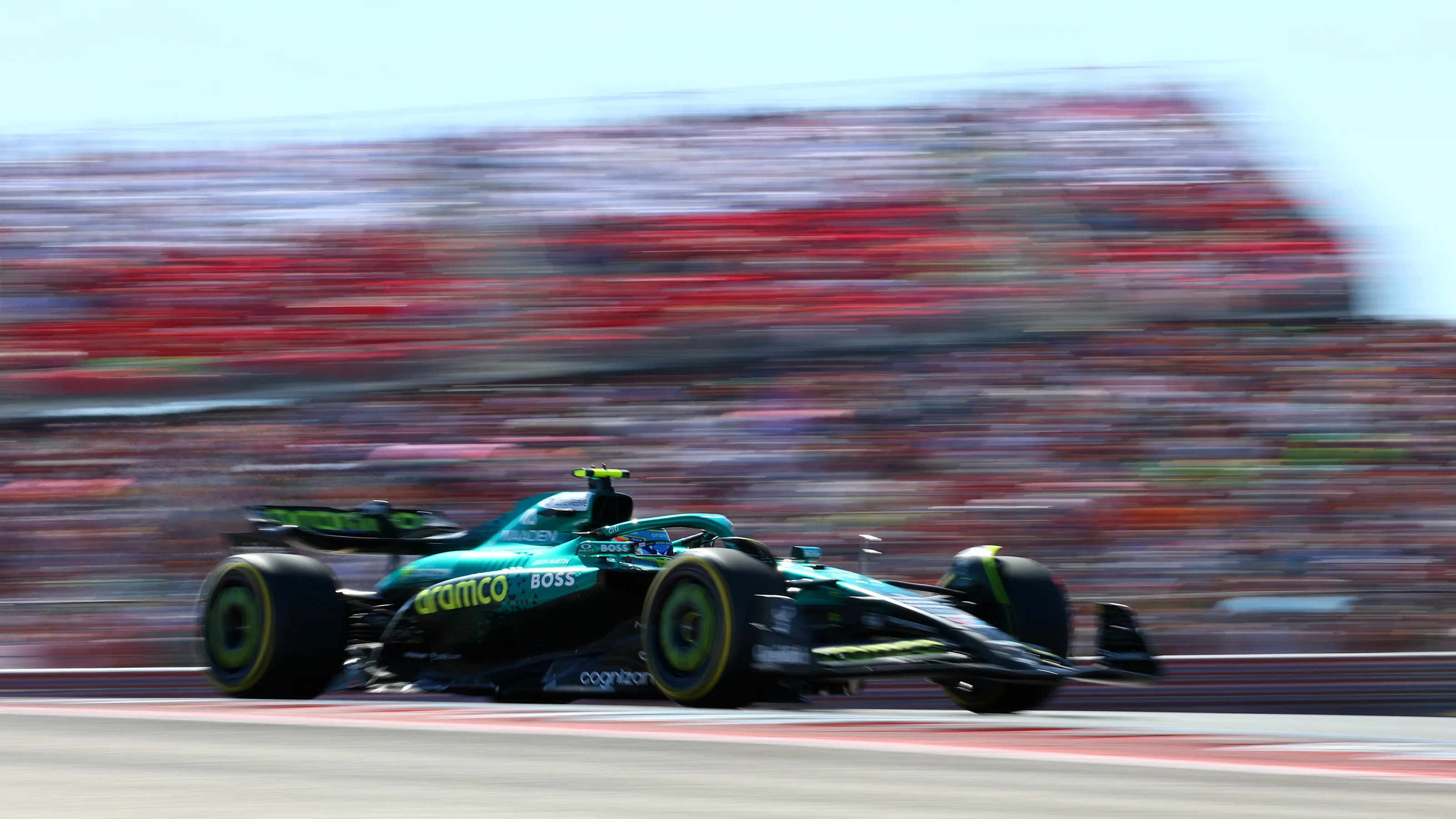 AUSTIN, TEXAS - OCTOBER 19: Fernando Alonso of Spain driving the (14) Aston Martin F1 Team AMR25