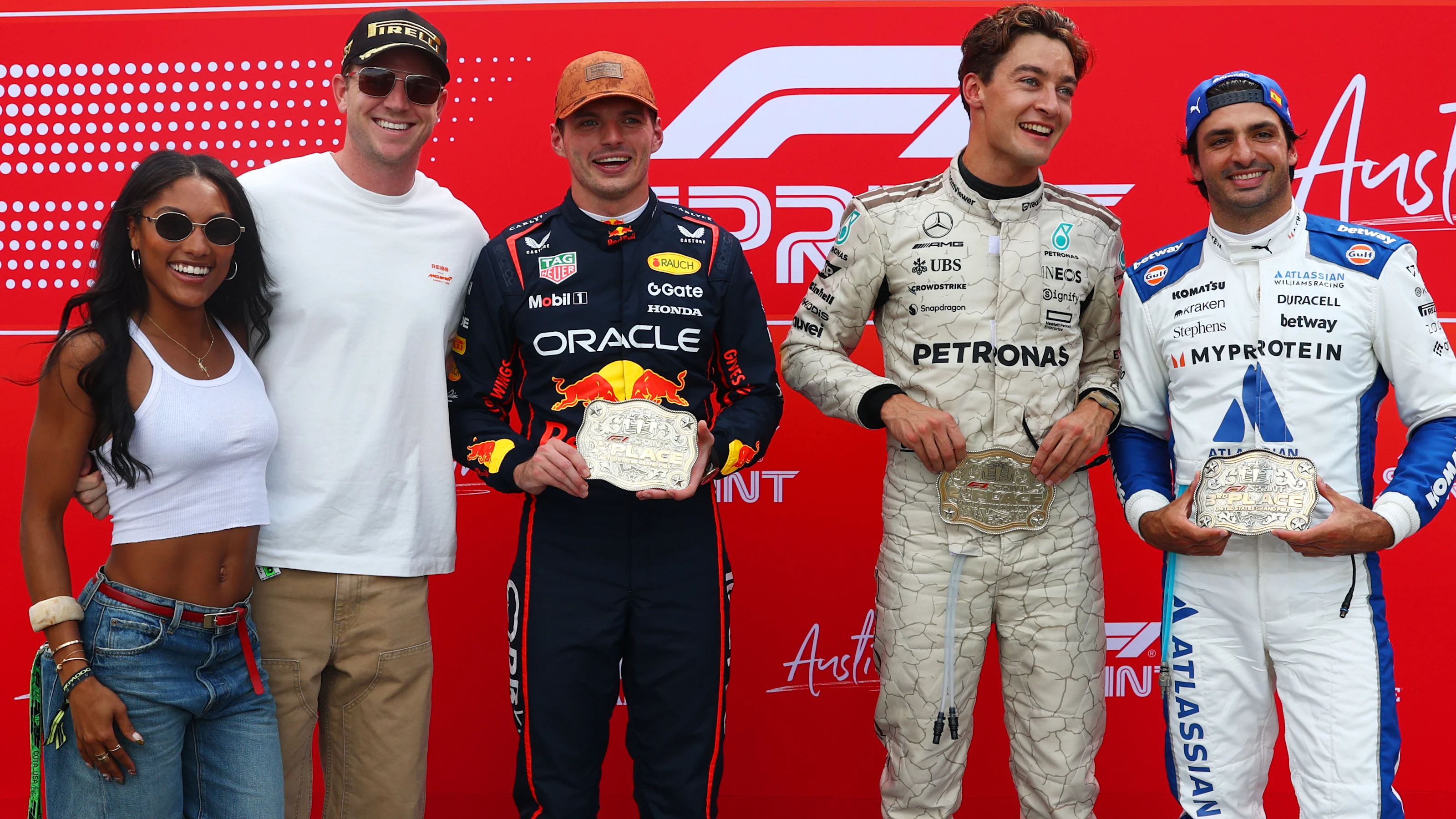 AUSTIN, TEXAS - OCTOBER 18: Sprint winner Max Verstappen of the Netherlands and Oracle Red Bull