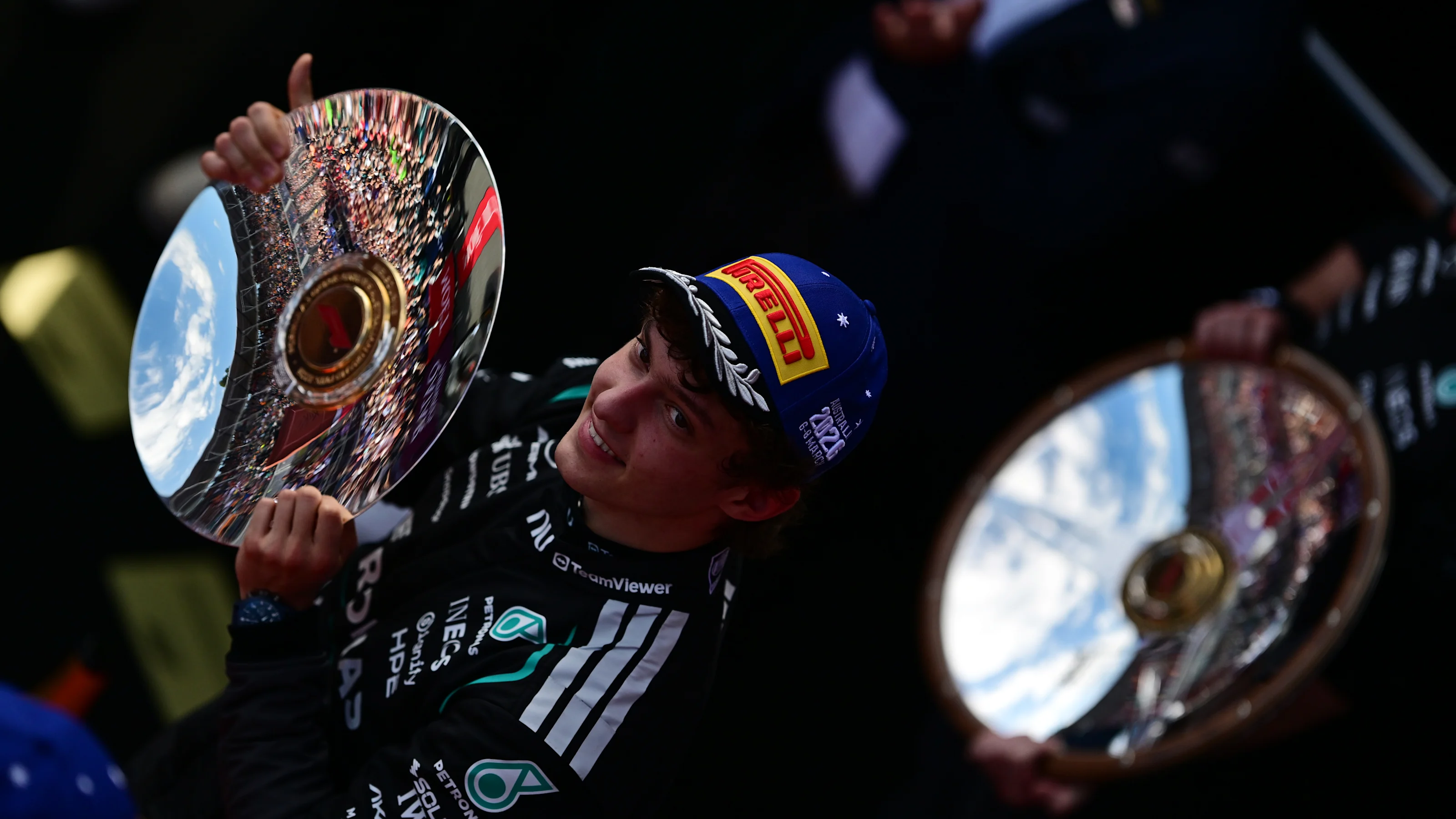 MELBOURNE, AUSTRALIA - MARCH 08: Second placed Andrea Kimi Antonelli of Italy and Mercedes AMG