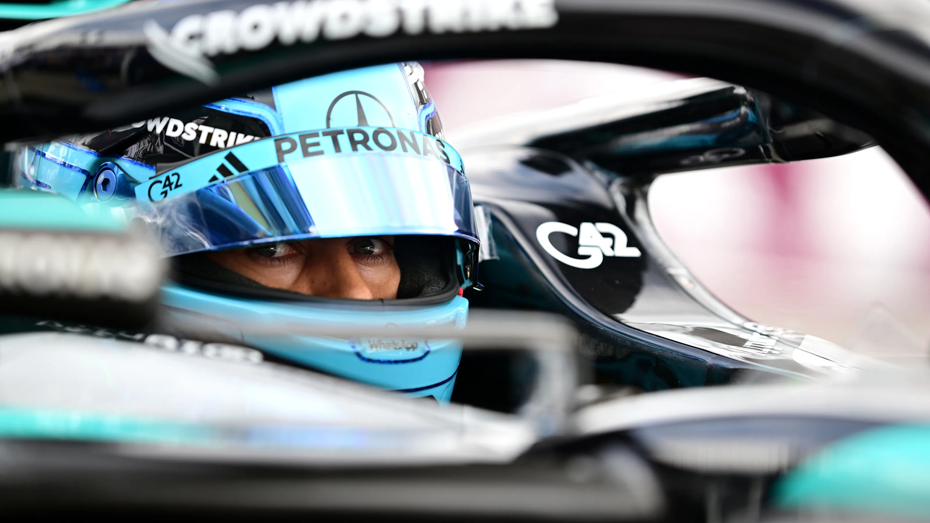 MELBOURNE, AUSTRALIA - MARCH 07: Pole position qualifier George Russell of Great Britain and