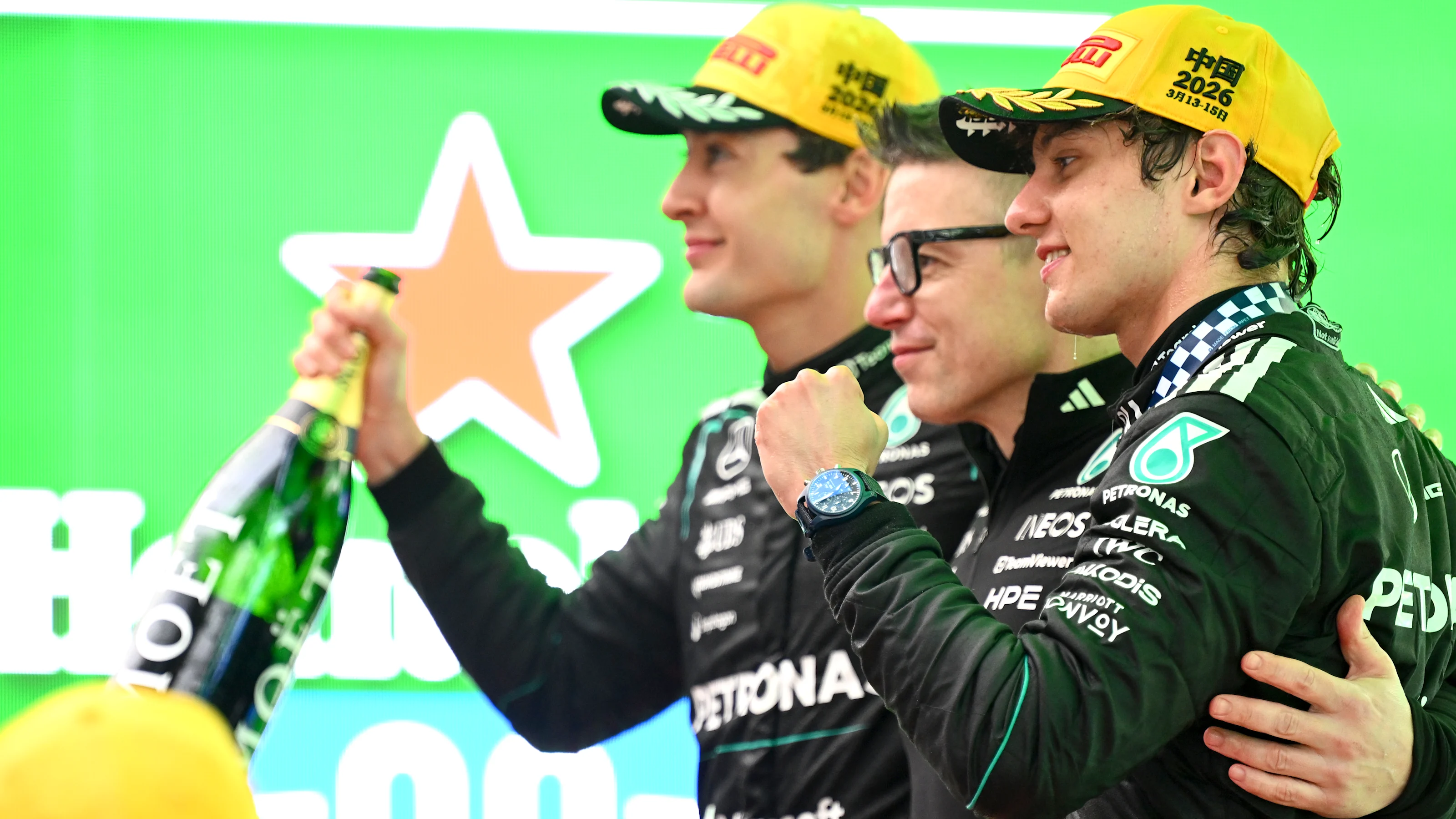 SHANGHAI, CHINA - MARCH 15: Race winner Andrea Kimi Antonelli of Italy and Mercedes AMG Petronas F1