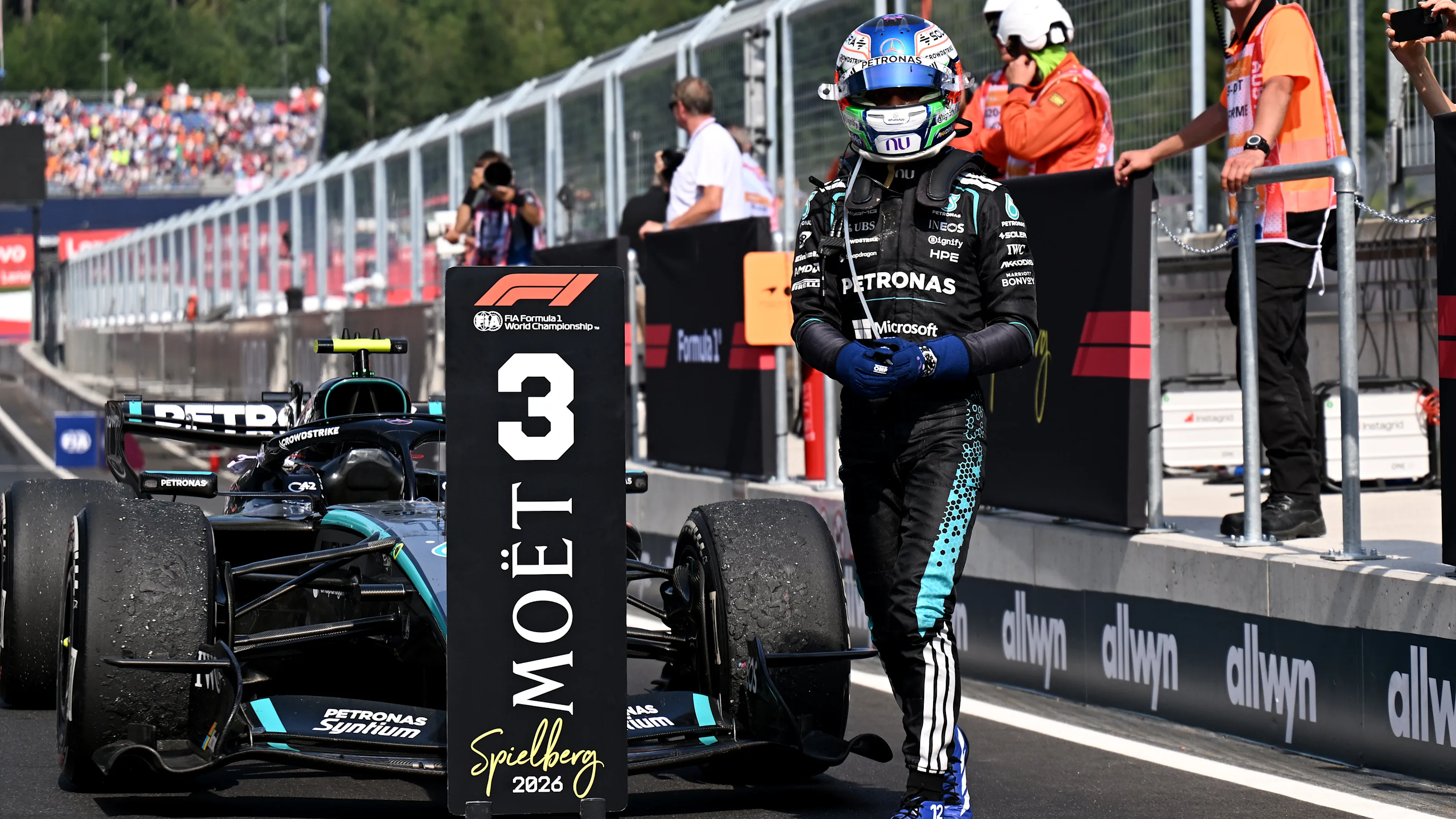 SPIELBERG, AUSTRIA - JUNE 28: Third placed Andrea Kimi Antonelli of Italy and Mercedes AMG Petronas