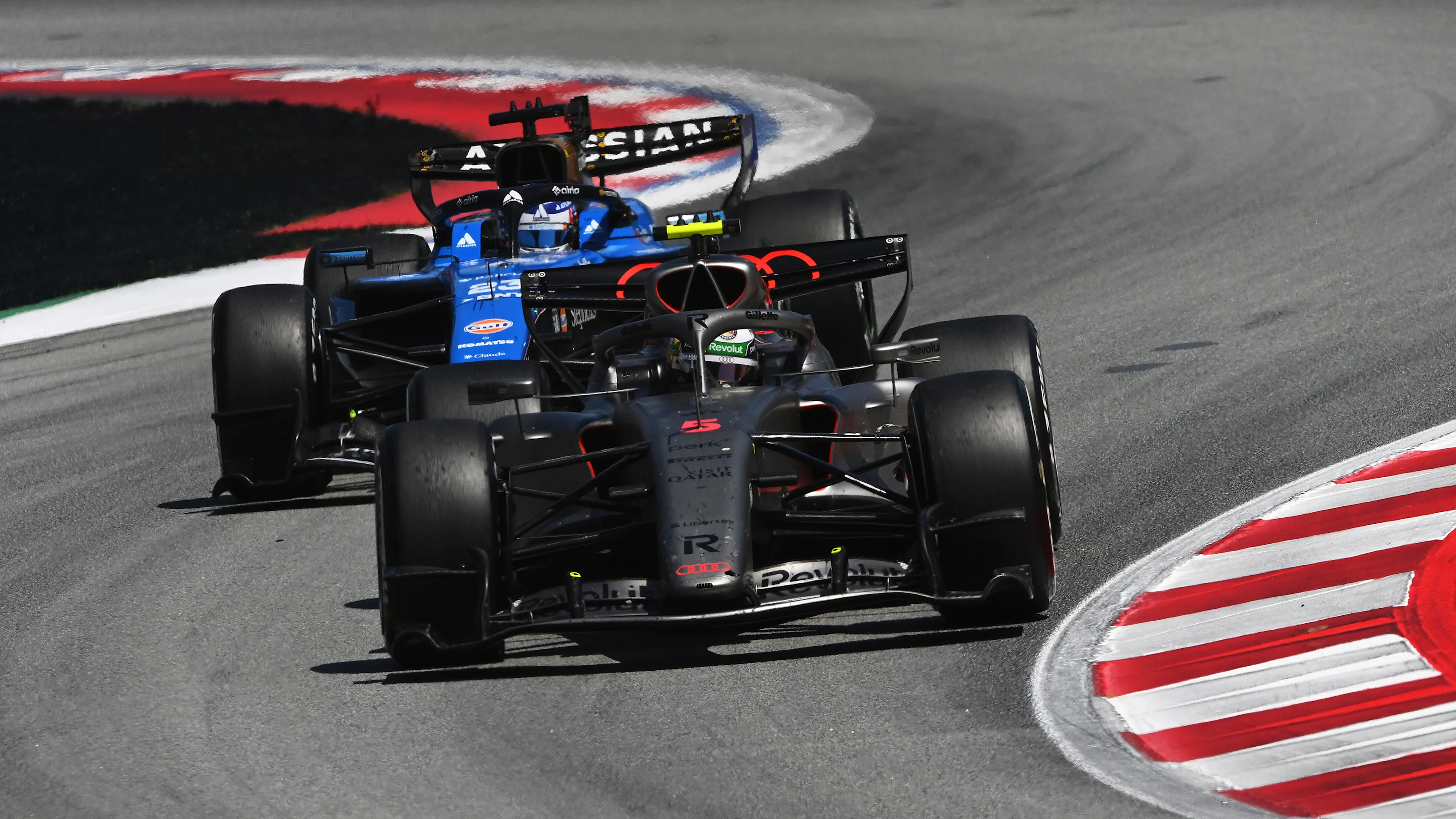 BARCELONA, SPAIN - JUNE 14: Gabriel Bortoleto of Brazil driving the (5) Audi F1 Team R26 leads