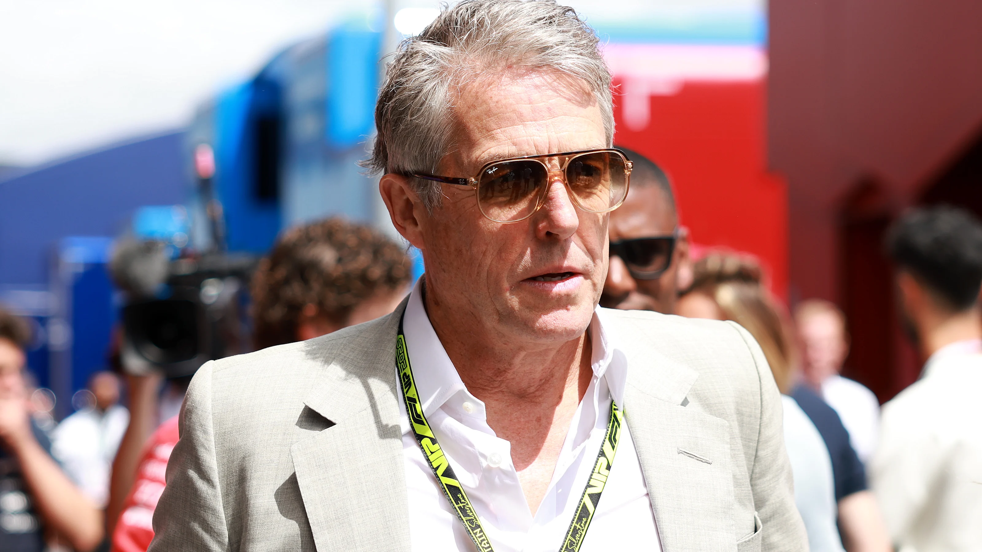 NORTHAMPTON, ENGLAND - JULY 05: Hugh Grant in the Paddock prior to the F1 Grand Prix of Great