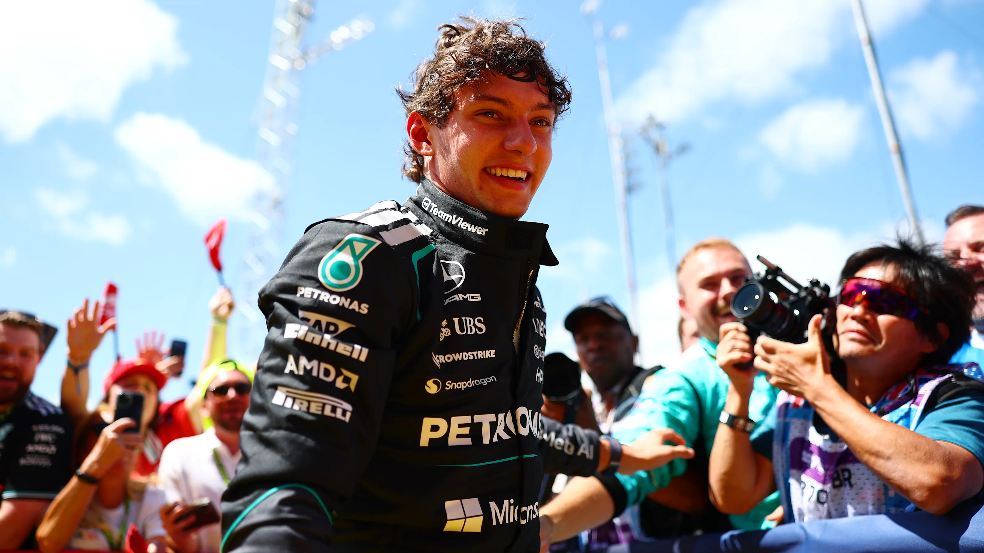 NORTHAMPTON, ENGLAND - JULY 04: Sprint winner Andrea Kimi Antonelli of Italy and Mercedes AMG