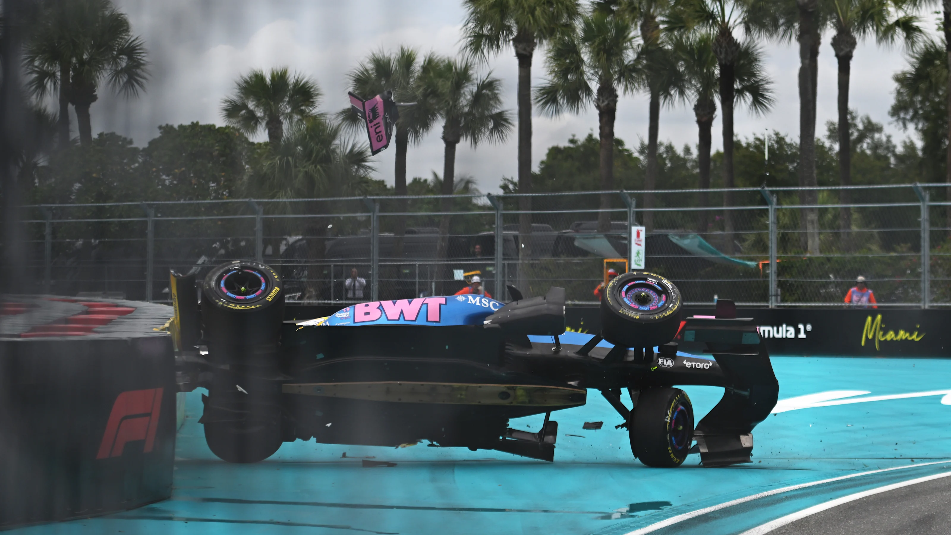 MIAMI, FLORIDA - MAY 03: Pierre Gasly of France driving the (10) Alpine F1 A526 Mercedes crashes