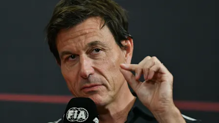 Toto Wolff of Mercedes speaks during the FIA team-principals press conference ahead of the Formula