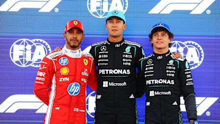BARCELONA, SPAIN - JUNE 13: Pole position qualifier George Russell of Great Britain and Mercedes