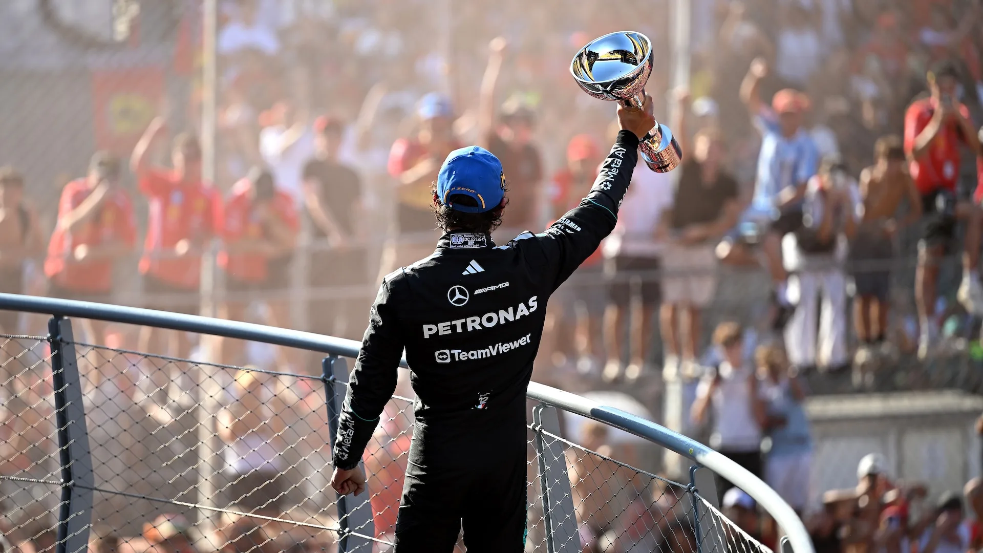 MONZA, ITALY - SEPTEMBER 06: Race winner Andrea Kimi Antonelli of Italy and Mercedes AMG Petronas