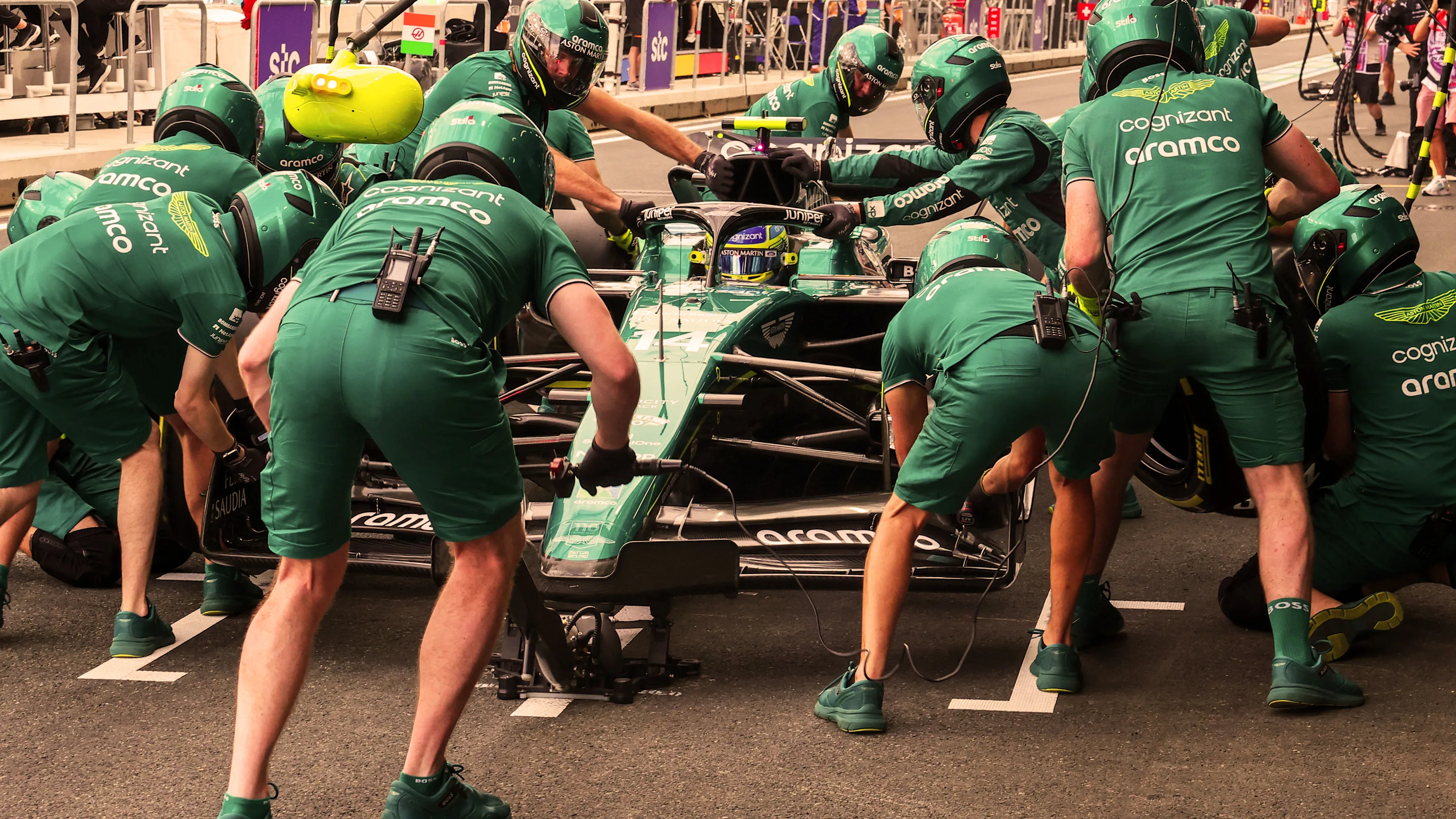Aston Martin's Spanish driver Fernando Alonso pits during the third practice session ahead of the