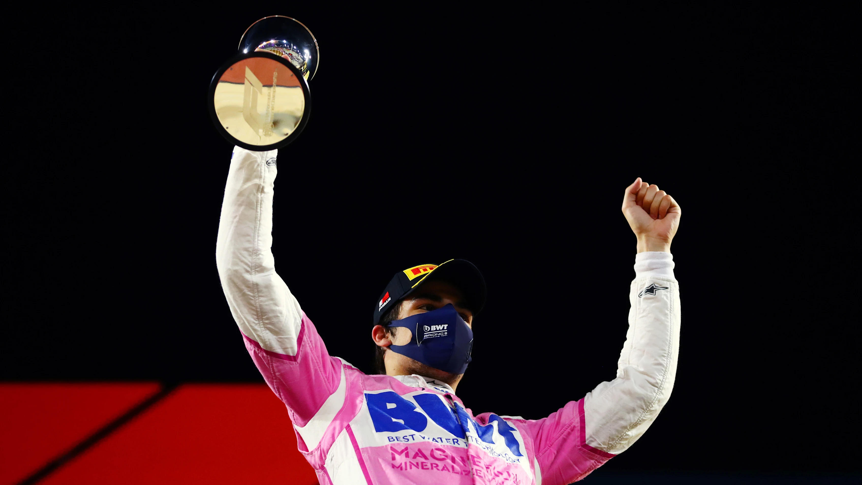BAHRAIN, BAHRAIN - DECEMBER 06: Third placed Lance Stroll of Canada and Racing Point celebrates on
