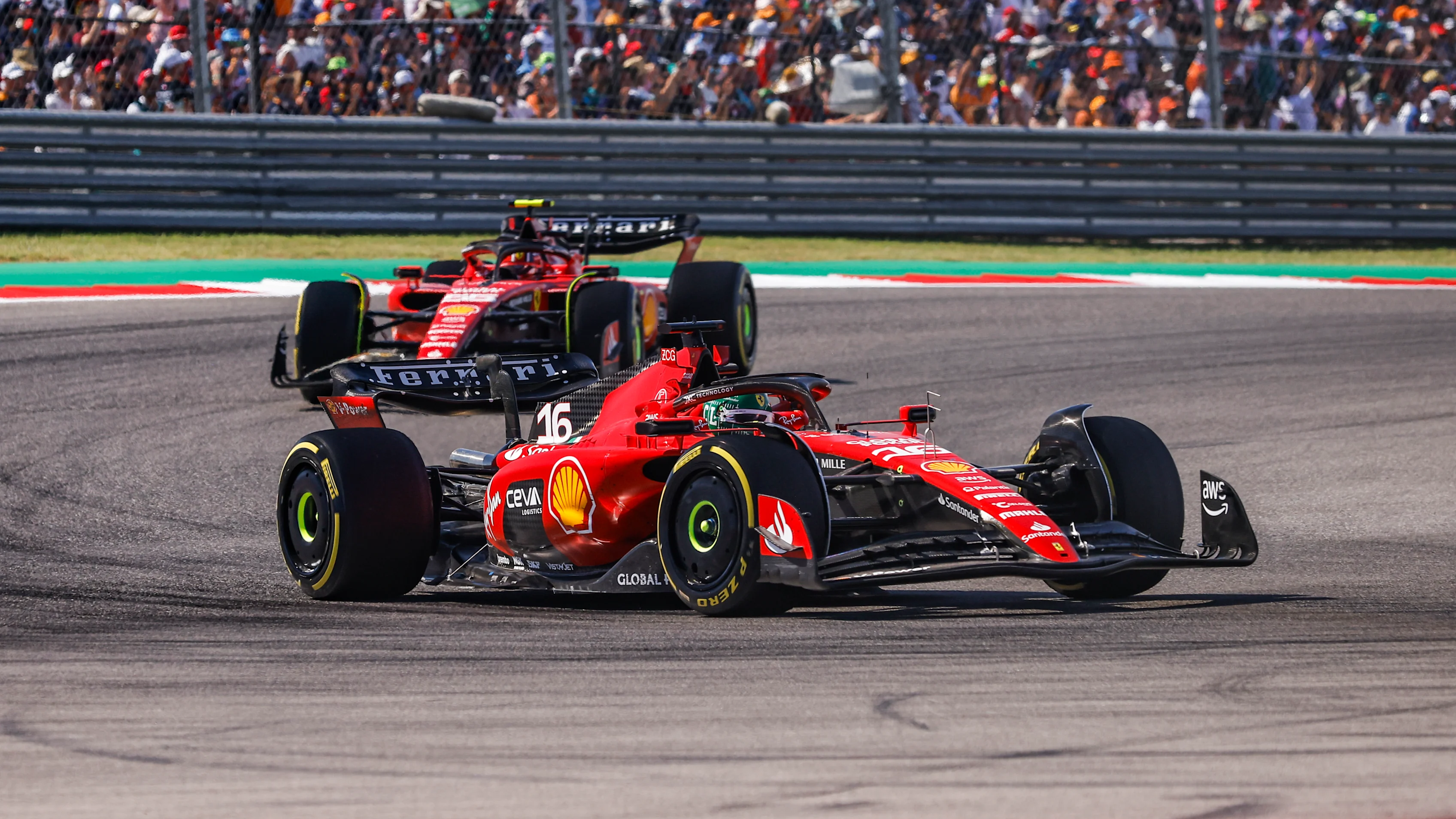 16 Charles Leclerc of Monaco, Scuderia Ferrari, SF-23 - Ferrari, action 55 Carlos Sainz of Spain,