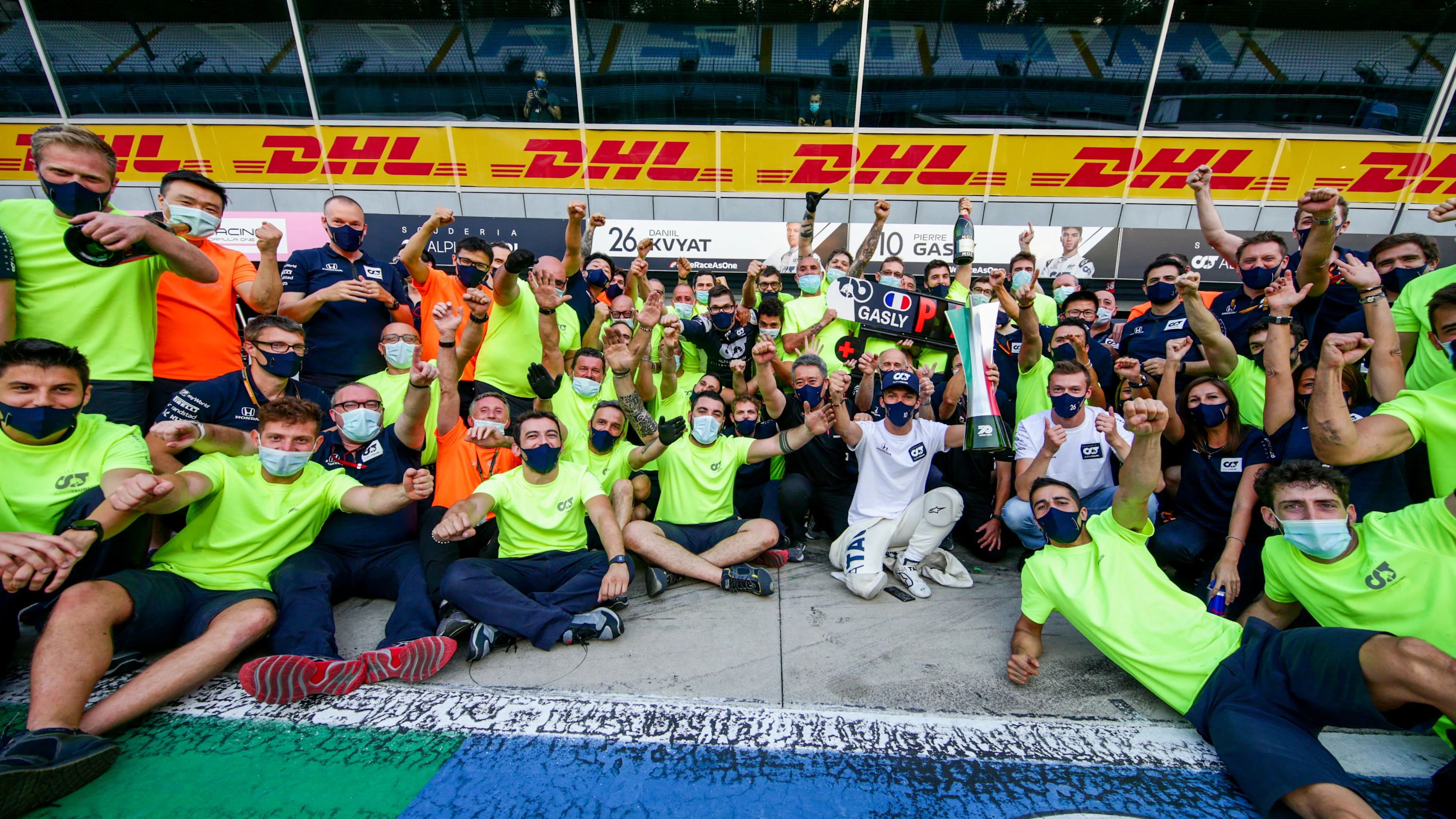 MONZA, ITALY - SEPTEMBER 06: Pierre Gasly of Scuderia AlphaTauri and France celebrates with the