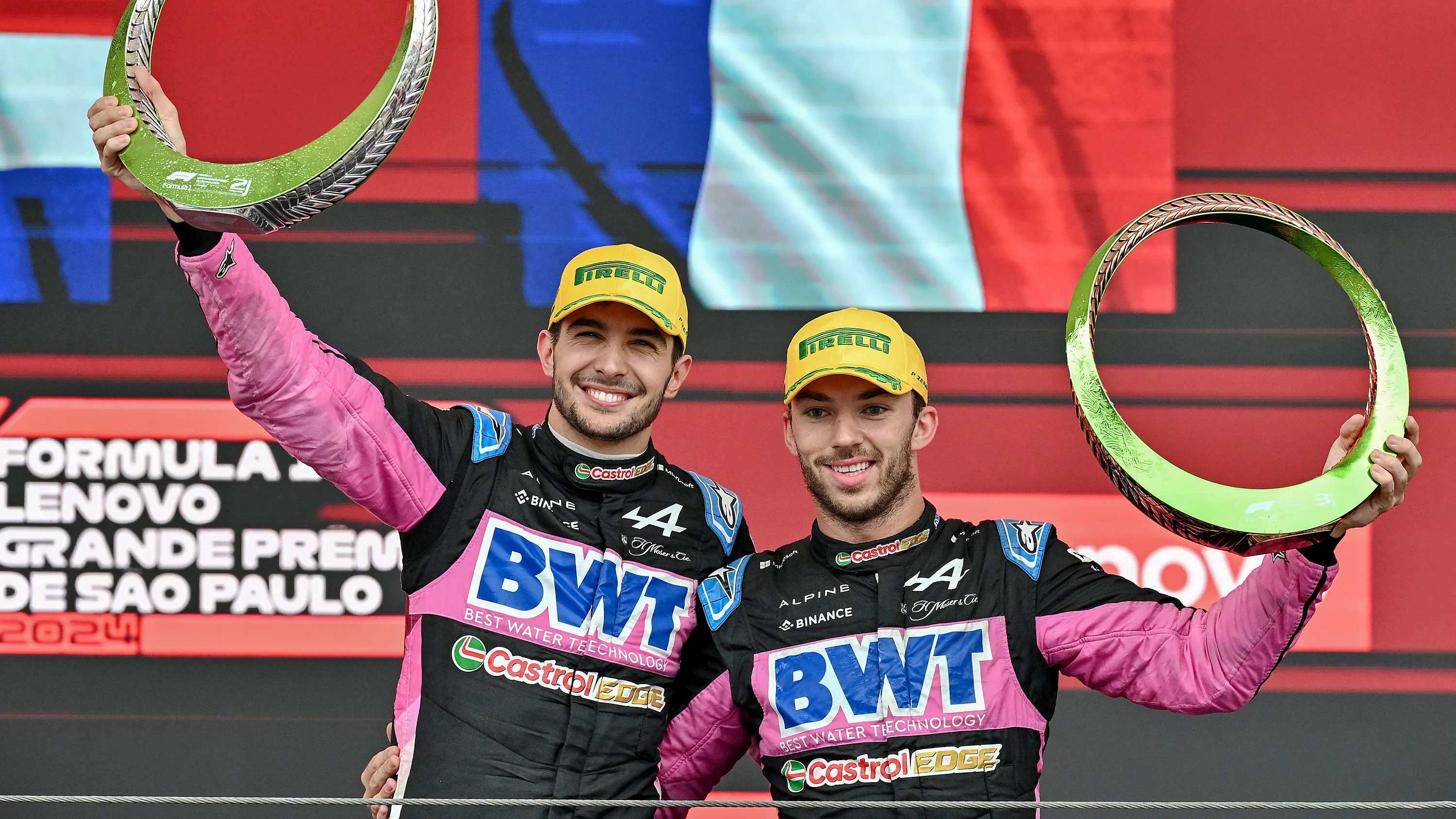 SAO PAULO, BRAZIL - NOVEMBER 3: Esteban Ocon of France and BWT Alpine F1 Team and Pierre Gasly of