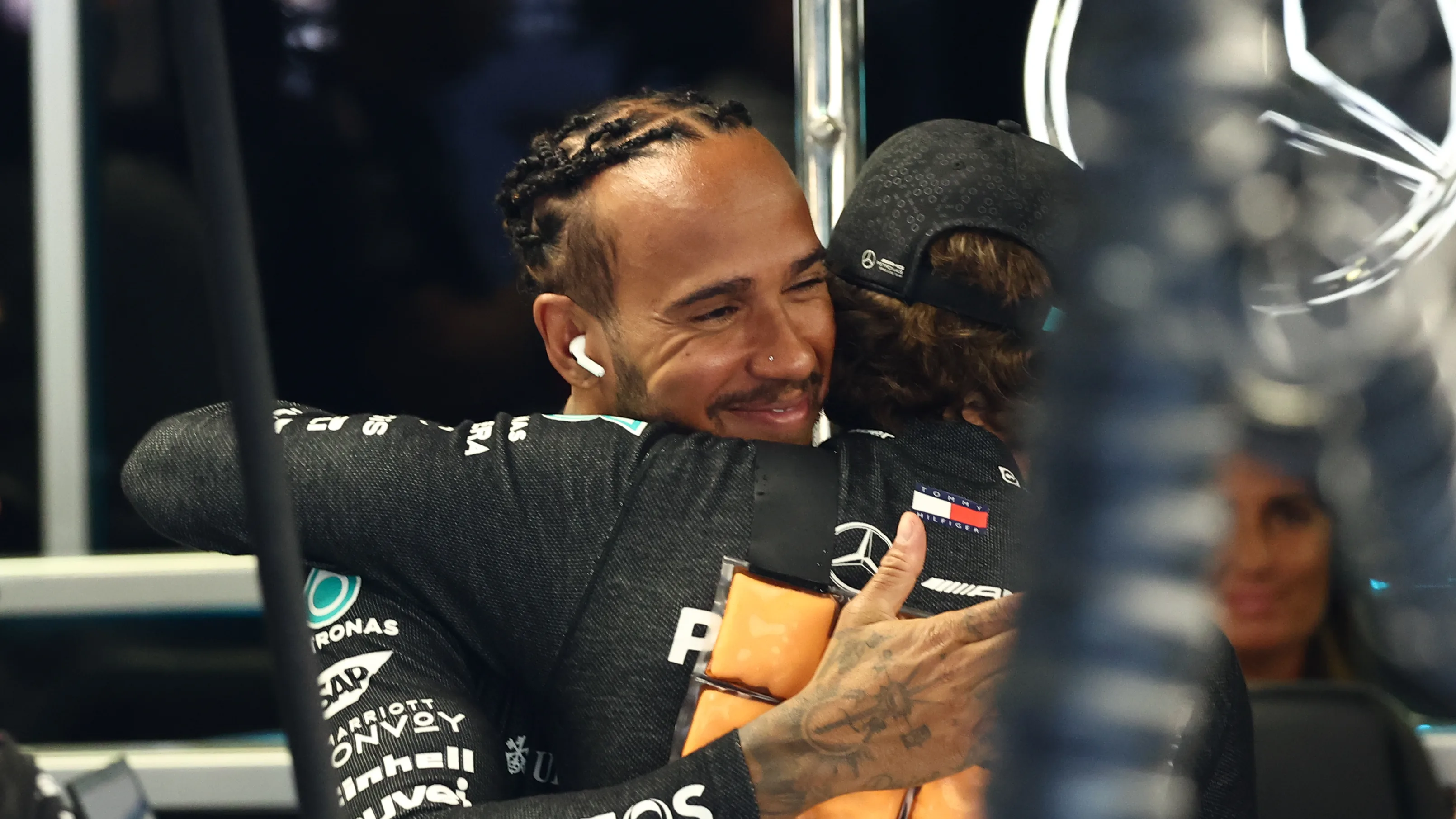 Lewis Hamilton of Mercedes and Andrea Kimi Antonelli before first practice ahead of the Formula 1