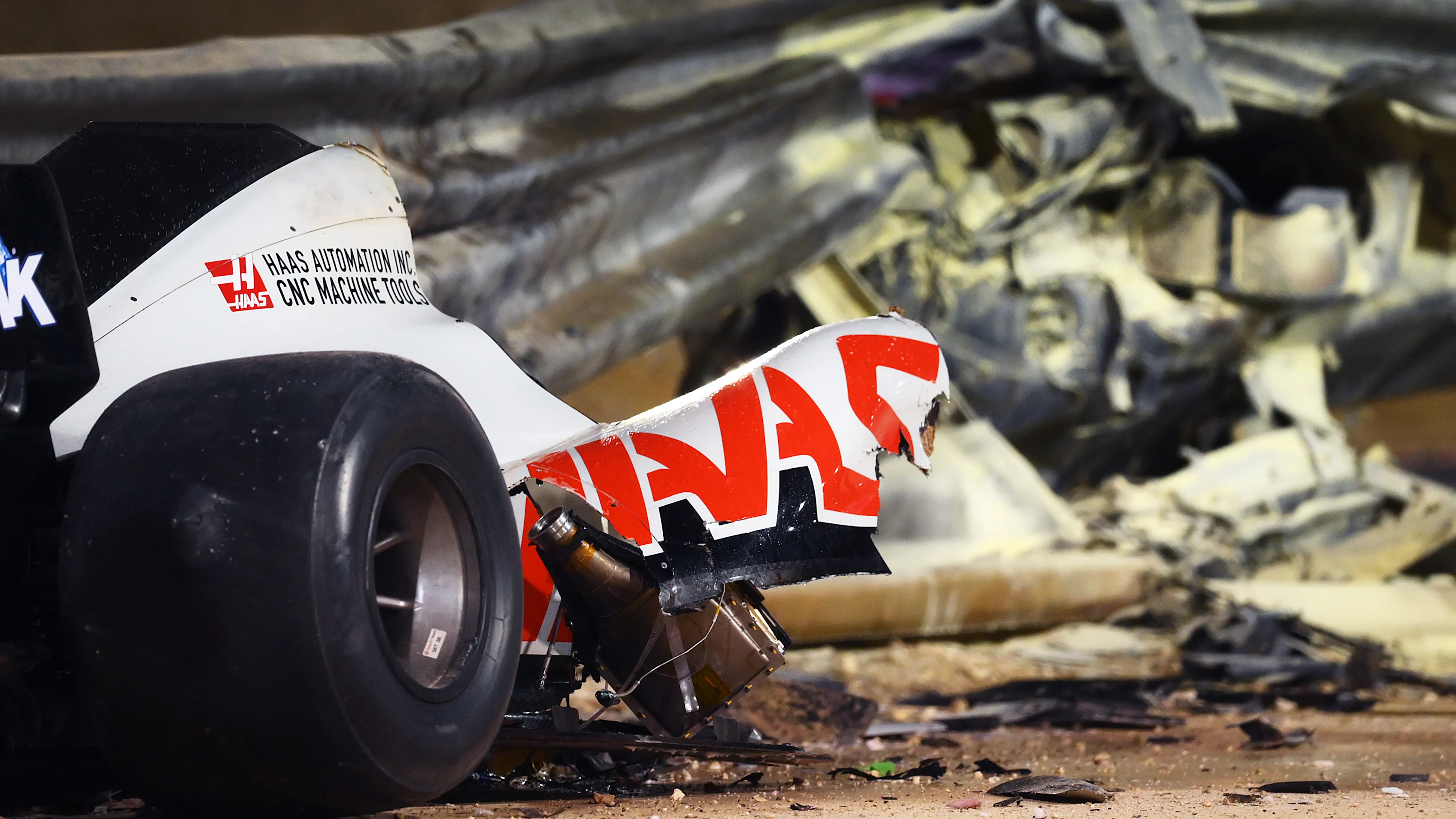 BAHRAIN, BAHRAIN - NOVEMBER 29: Debris following the crash of Romain Grosjean of France and Haas