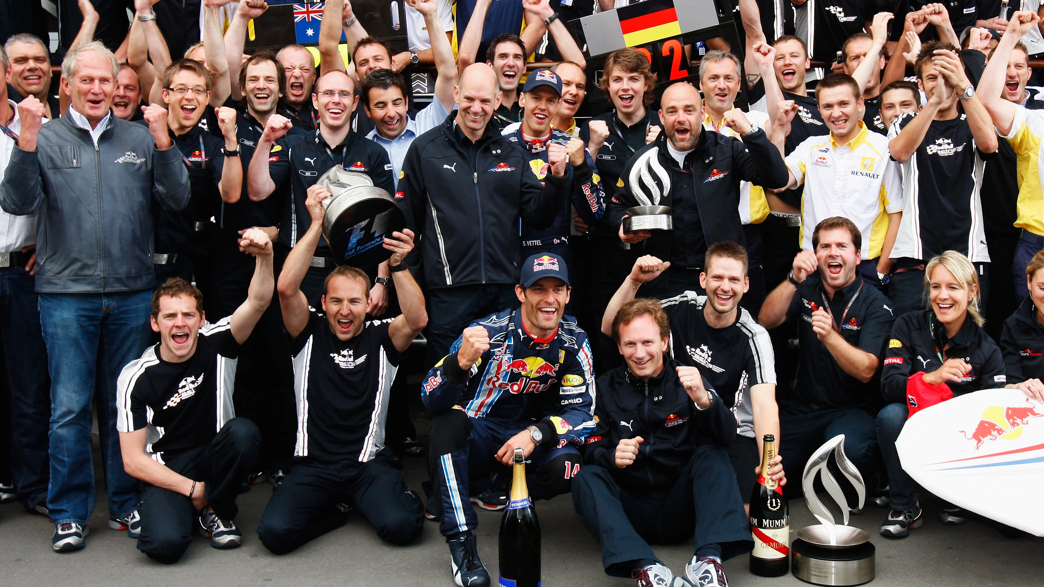 NURBURG, GERMANY - JULY 12: Mark Webber of Australia and Red Bull Racing celebrates with team