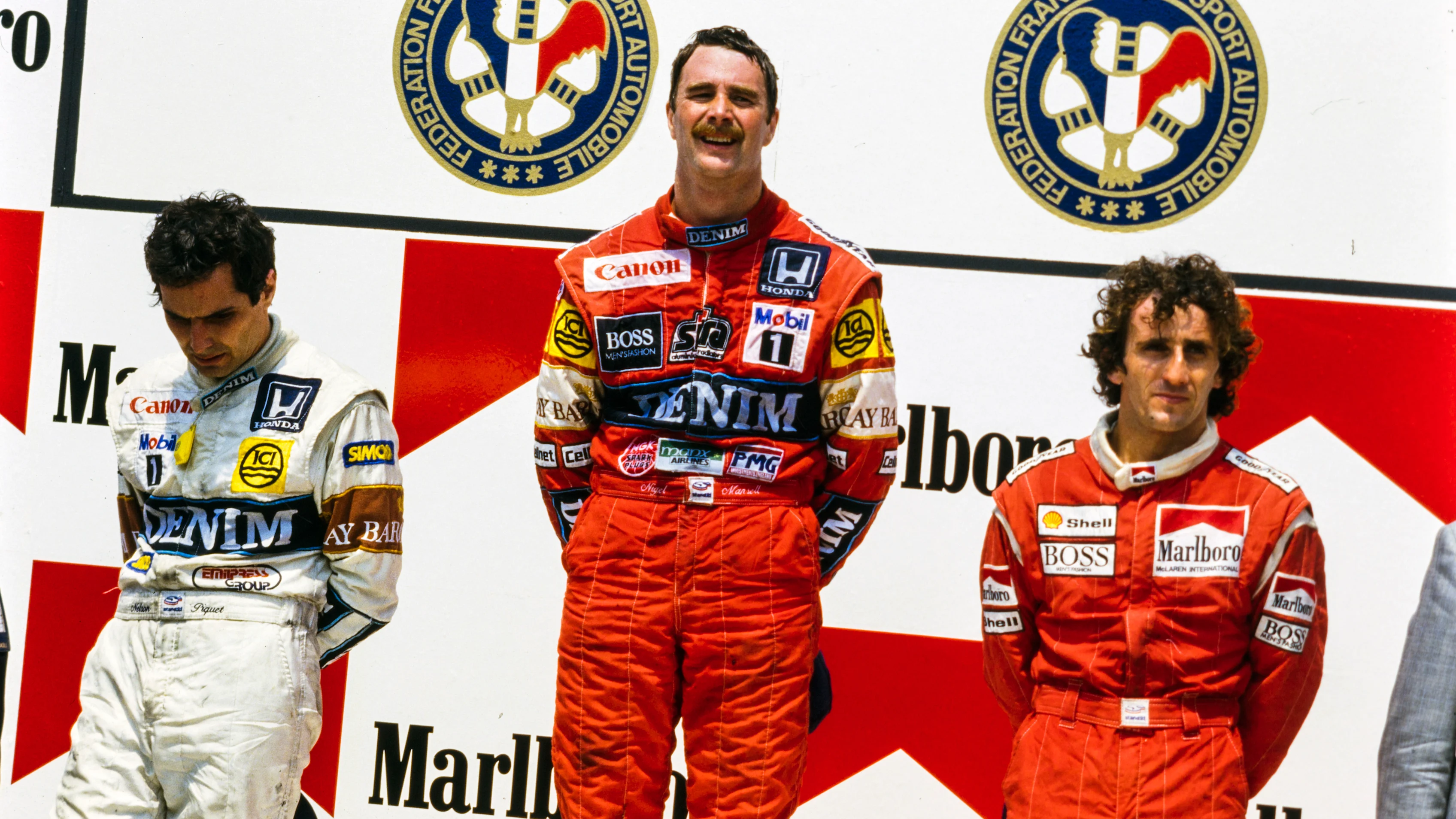 CIRCUIT PAUL RICARD, FRANCE - JULY 05: Nigel Mansell, 1st position, Nelson Piquet, 2nd position,