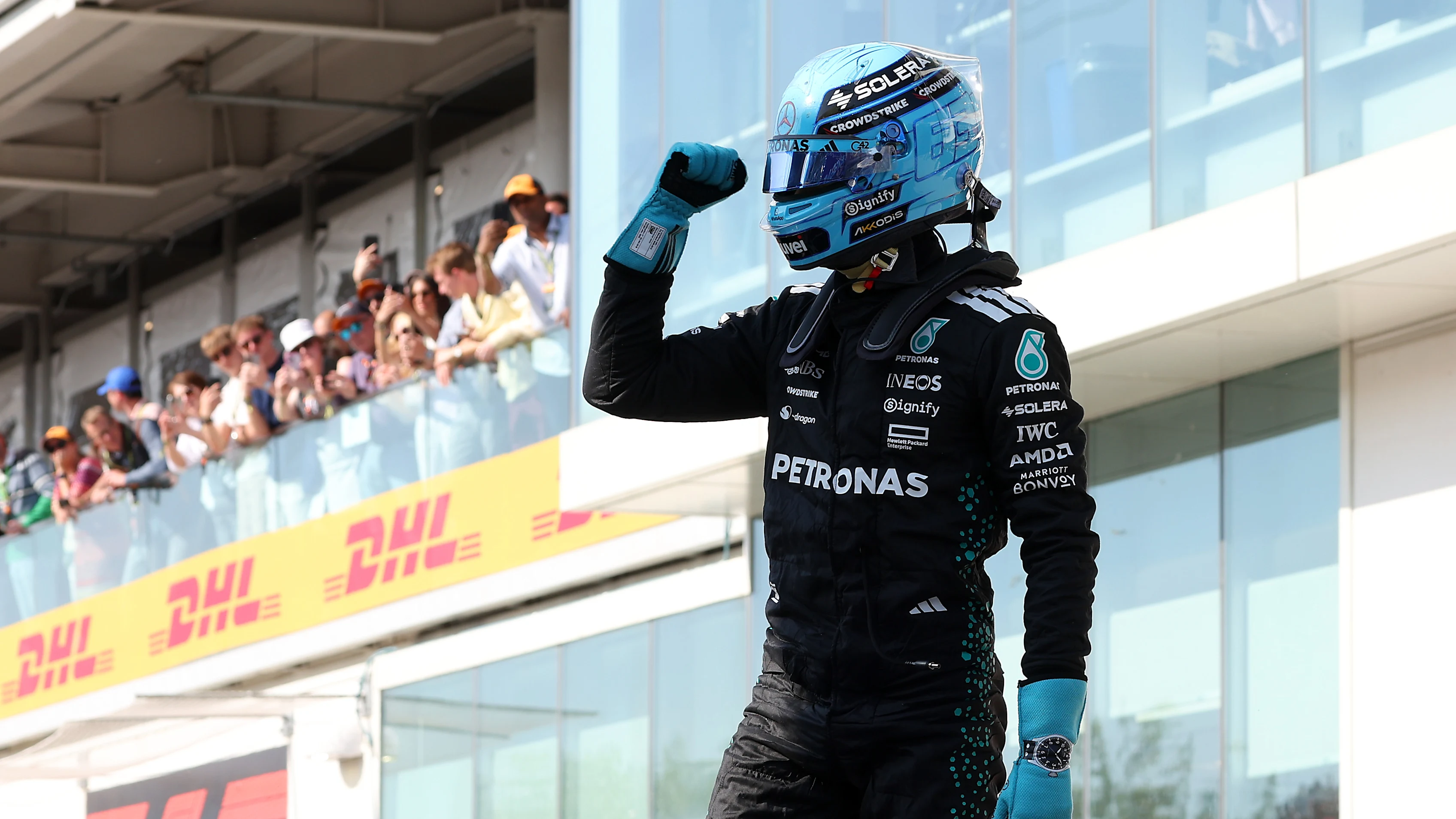 MONTREAL, QUEBEC - JUNE 14: Pole position qualifier George Russell of Great Britain and Mercedes