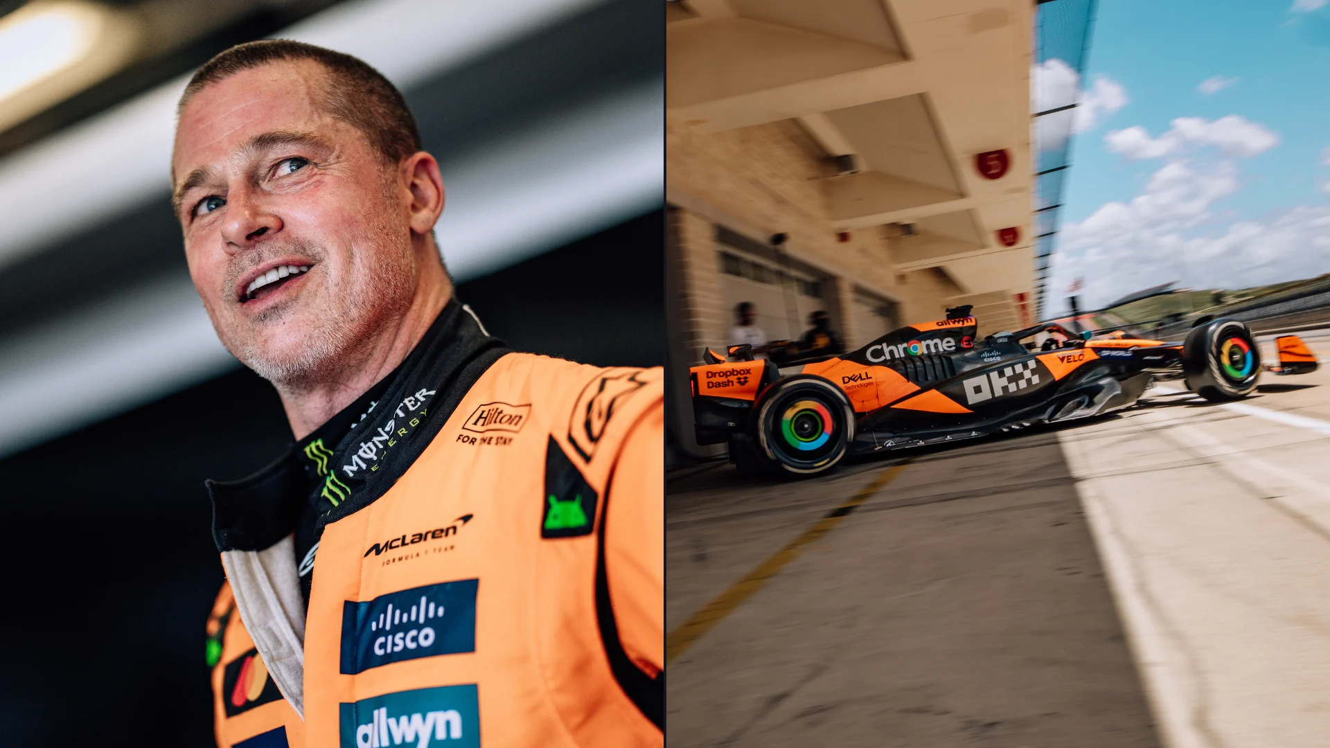 Brad Pitt drives 2023 McLaren F1 car at Circuit of The Americas ...