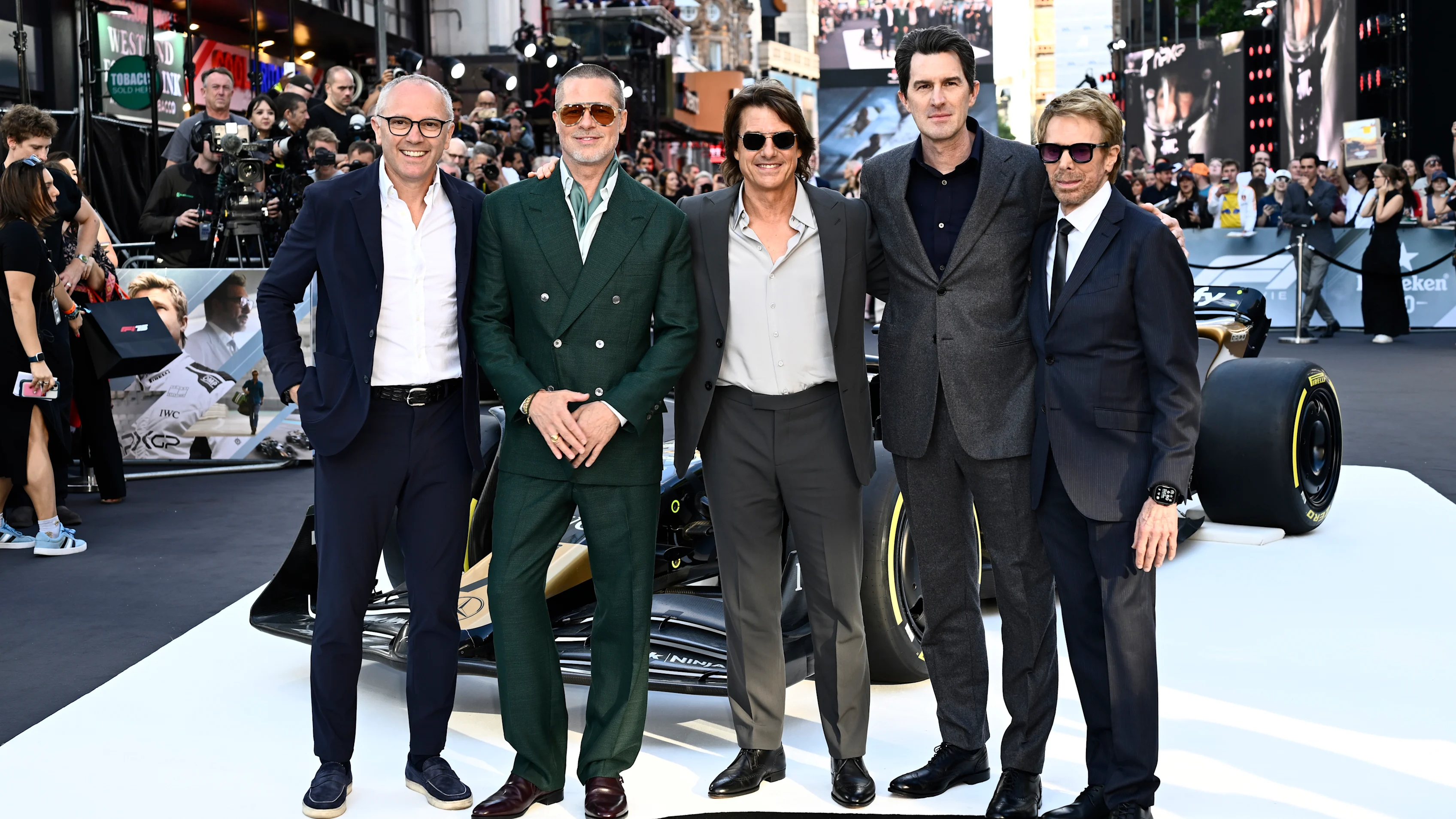 LONDON, ENGLAND - JUNE 23: (L-R) Stefano Domenicali, Brad Pitt, Tom Cruise, Joseph Kosinski and
