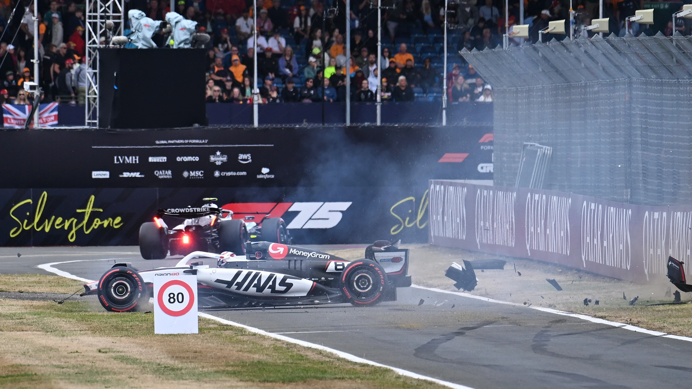 NORTHAMPTON, ENGLAND - JULY 05: Oliver Bearman of Great Britain driving the (87) Haas F1 VF-25 Ferrari crashes during final practice ahead of the F1 Grand Prix of Great Britain at Silverstone Circuit on July 05, 2025 in Northampton, England. (Photo by Sam Bagnall/Sutton Images)