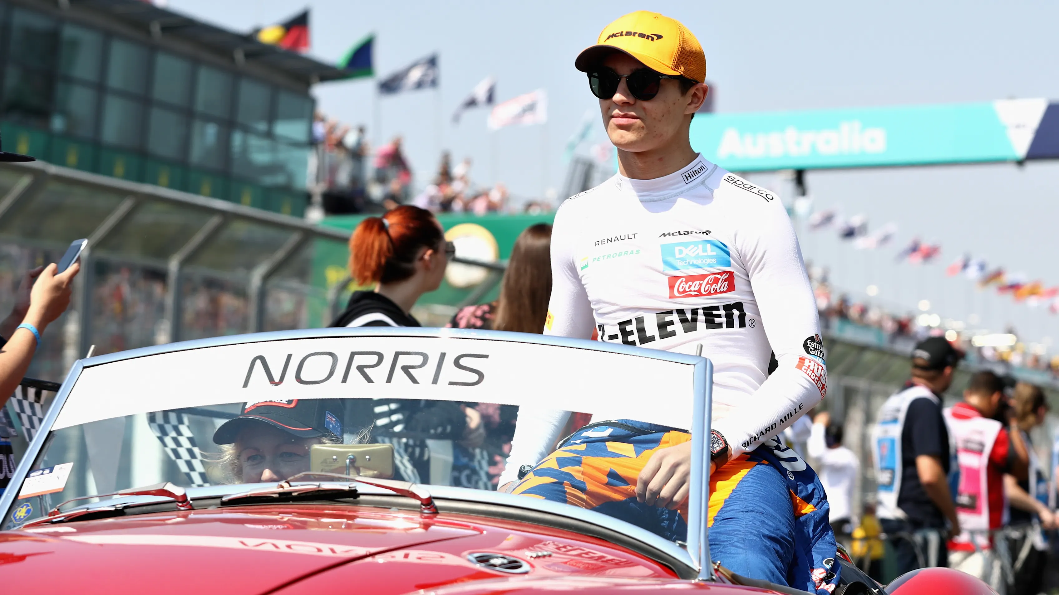 MELBOURNE, AUSTRALIA - MARCH 17: Lando Norris of Great Britain and McLaren F1 on the drivers parade