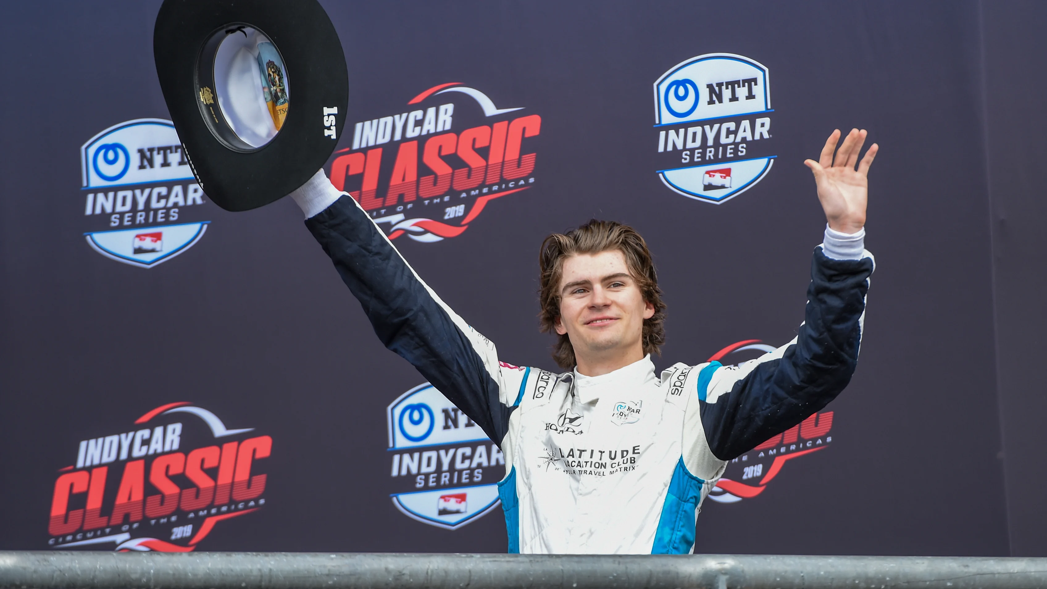 AUSTIN, TX - MARCH 24: Colton Herta (88) of Harding Steinbrenner Racing driving a Honda celebrates