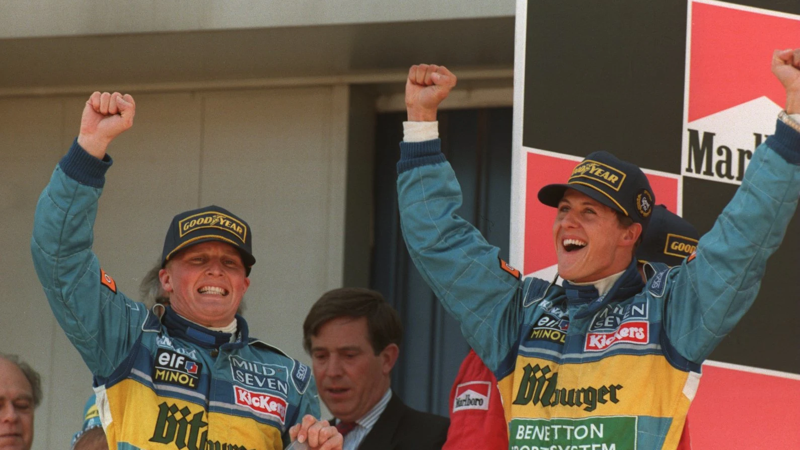 14 MAY 1995: GERMAN DRIVER MICHAEL SCHUMACHER OF THE MILD SEVEN BENETTON RENAULT TEAM CELEBRATES