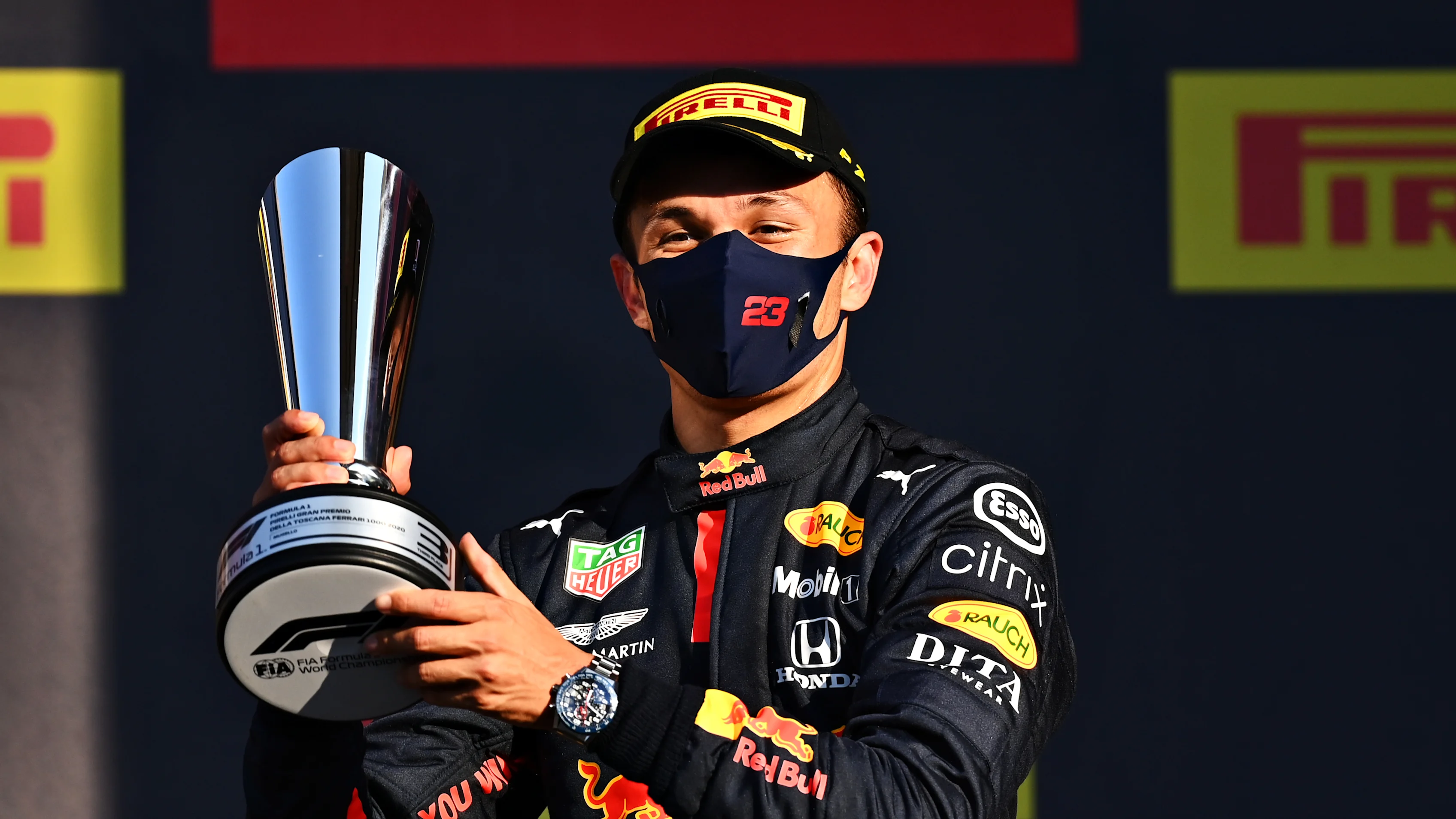 SCARPERIA, ITALY - SEPTEMBER 13: Third placed Alexander Albon of Thailand and Red Bull Racing