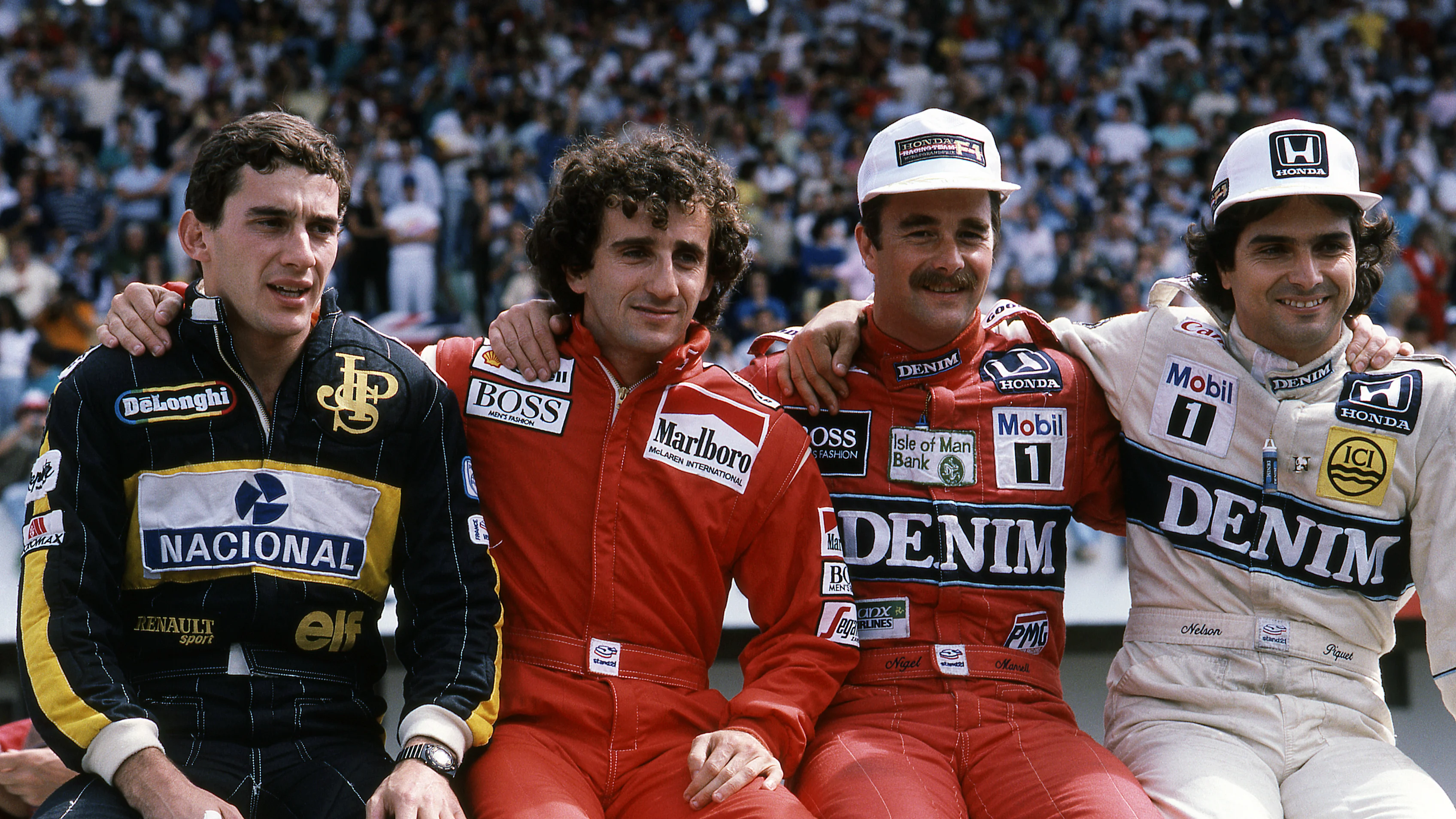 (L to R) Ayrton Senna (BRA) Lotus 98T, 4th place, Alain Prost (FRA) McLaren MP4/2C, 2nd place,