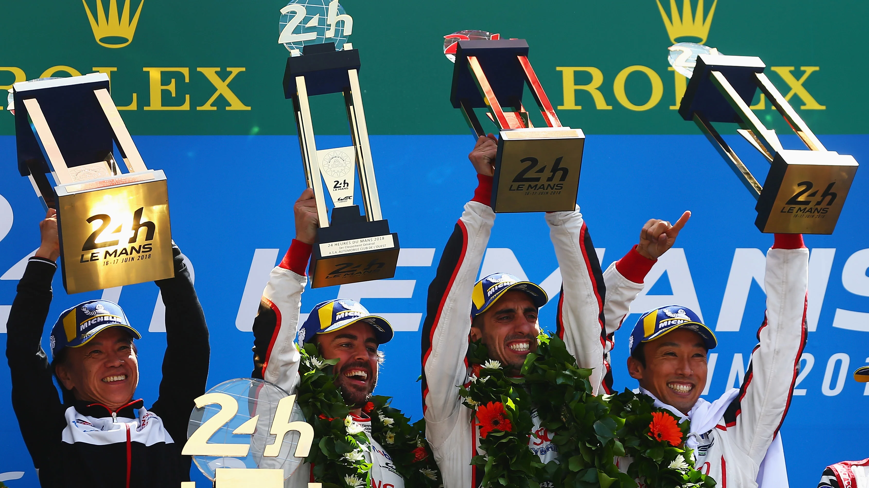 LE MANS, FRANCE - JUNE 17: The Toyota Gazoo Racing TS050 Hybrid team of Fernando Alonso, Sebastien