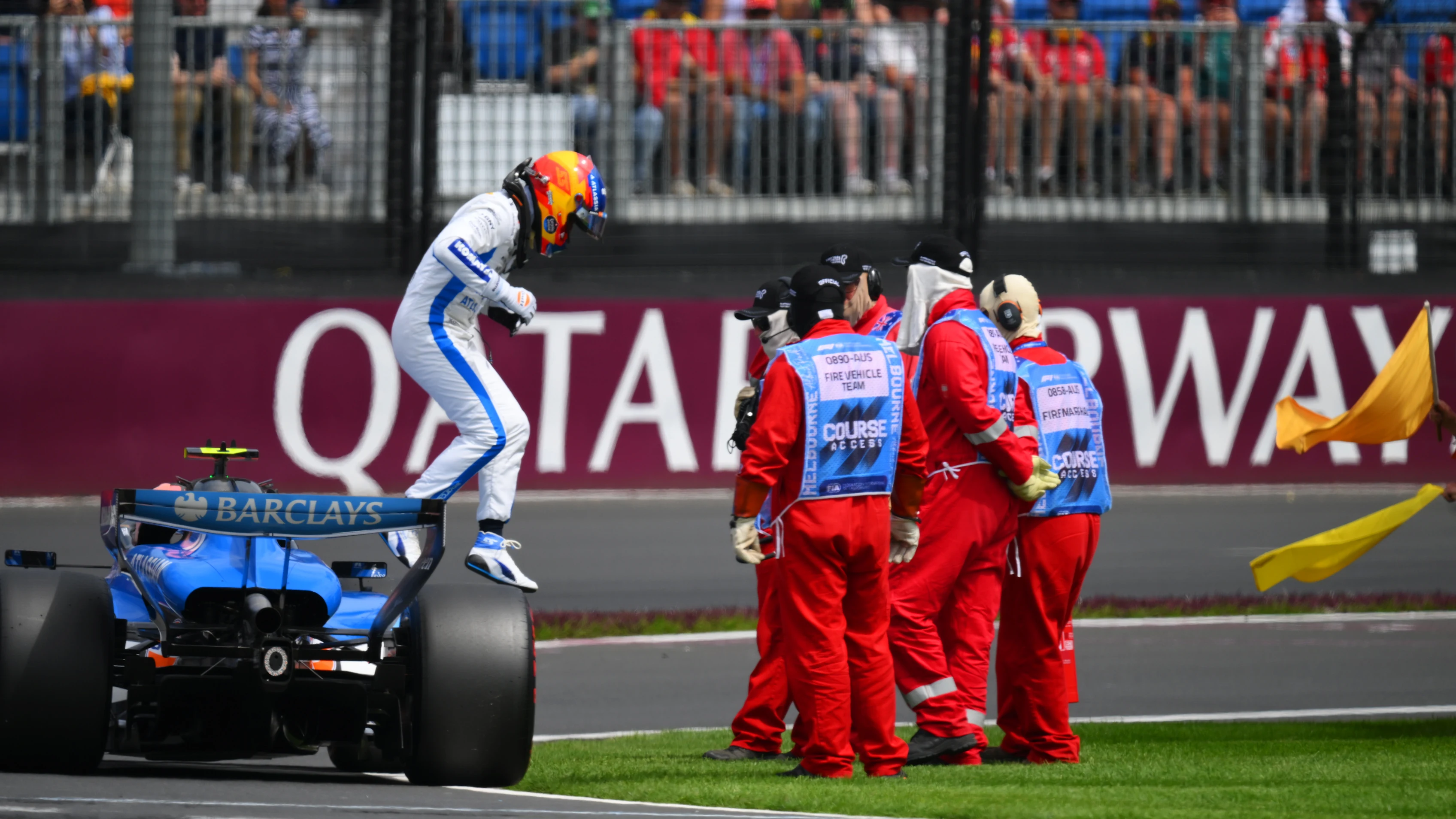 MELBOURNE, AUSTRALIA - MARCH 07: Carlos Sainz of Spain and Williams jumps out of his stopped car