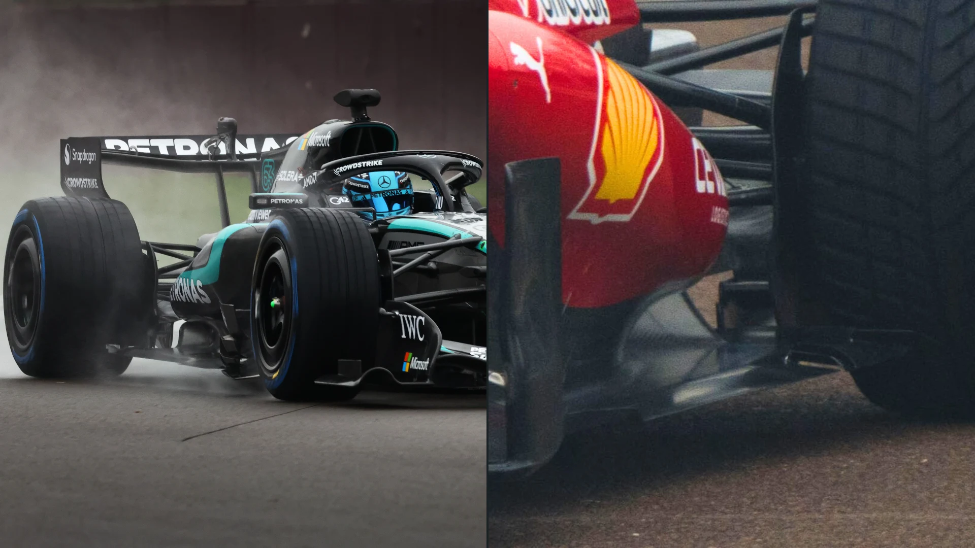 The holes in the diffuser sides of Mercedes and Ferrari are visible here. 