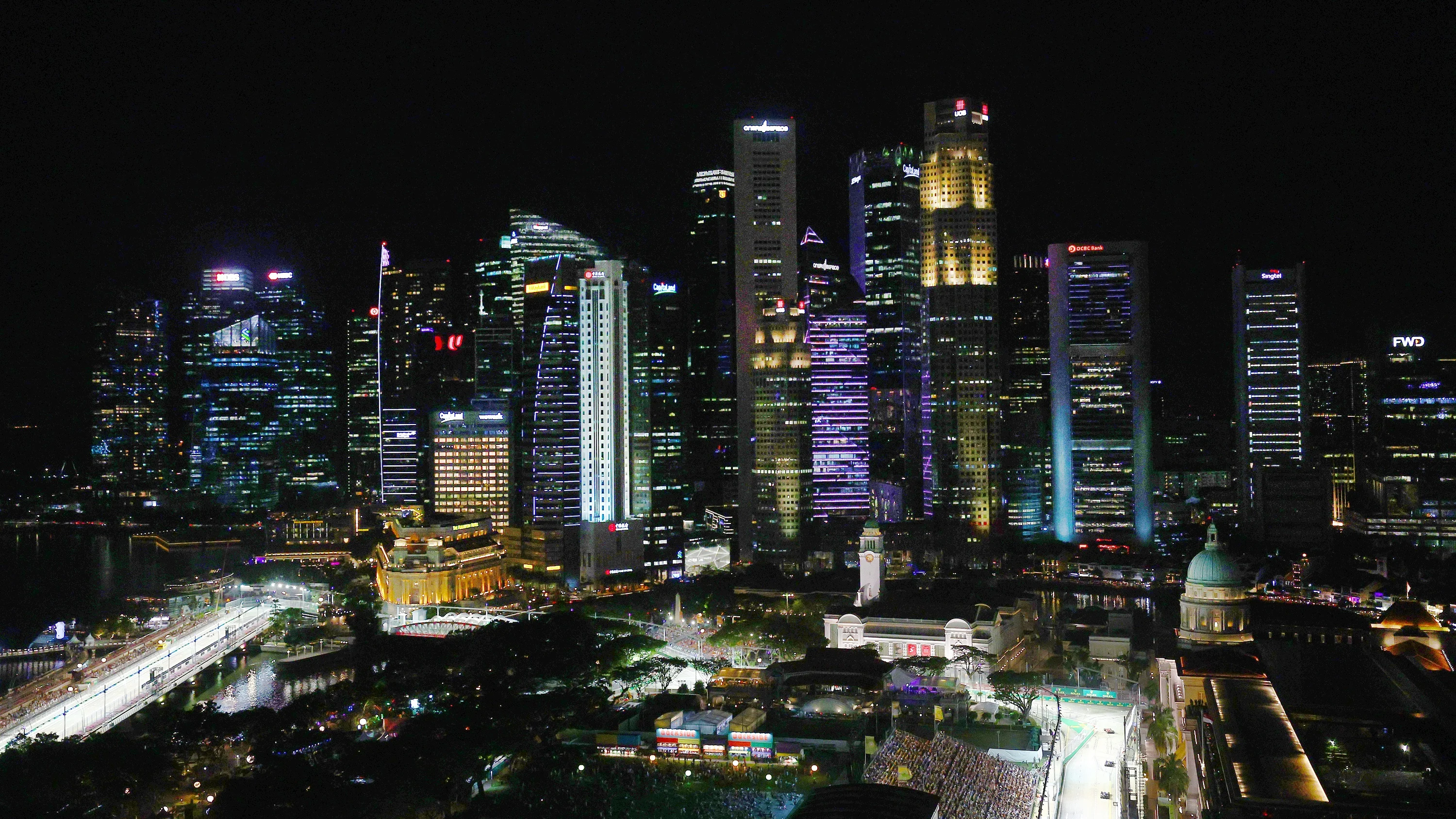 SINGAPORE, SINGAPORE - SEPTEMBER 30: A general view of the Marina Bay circuit as cars practice