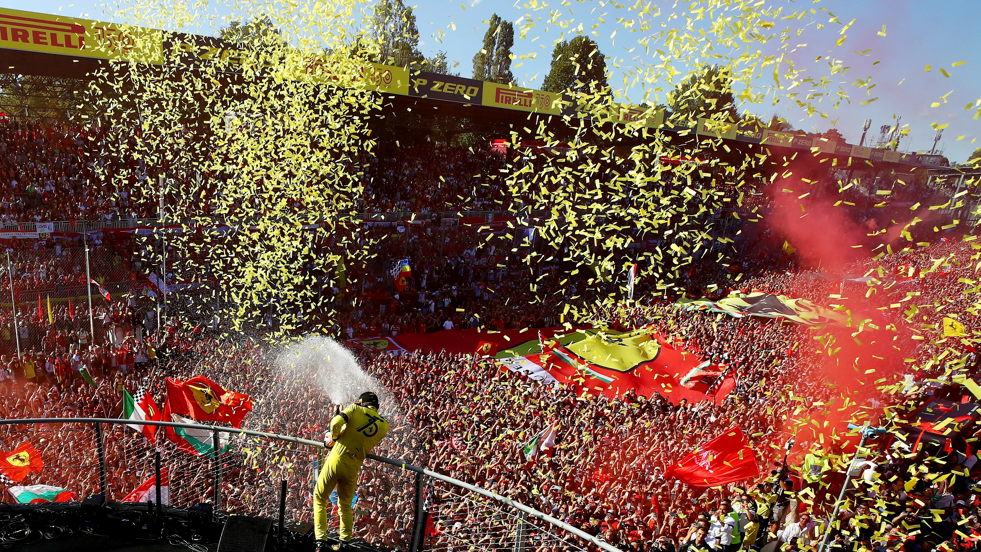 MONZA, ITALY - SEPTEMBER 11: Second placed Charles Leclerc of Monaco and Ferrari celebrates on the