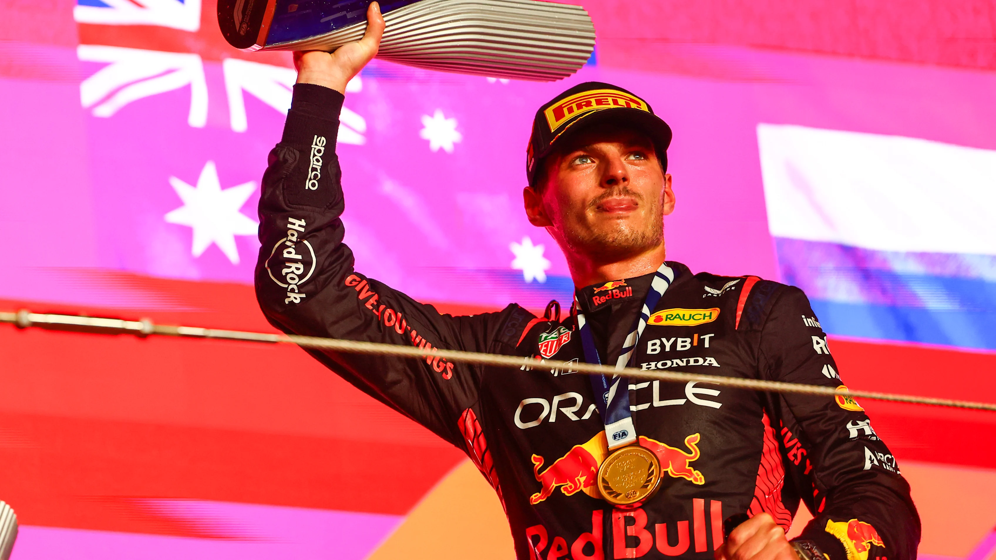LUSAIL CITY, QATAR - OCTOBER 08: Race winner Max Verstappen of the Netherlands and Oracle Red Bull