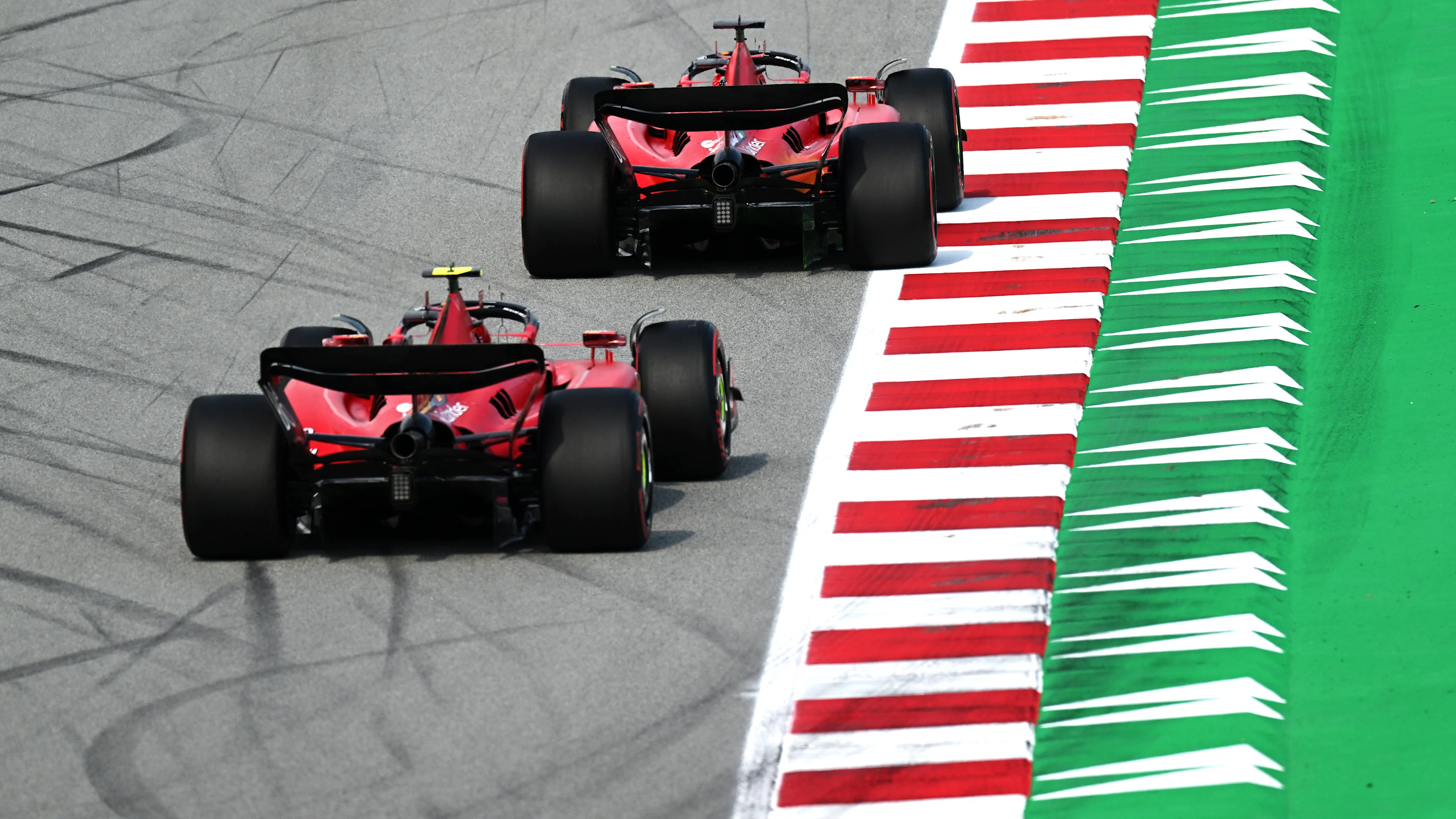 BARCELONA, SPAIN - JUNE 02: Charles Leclerc of Monaco driving the (16) Ferrari SF-23 leads Carlos
