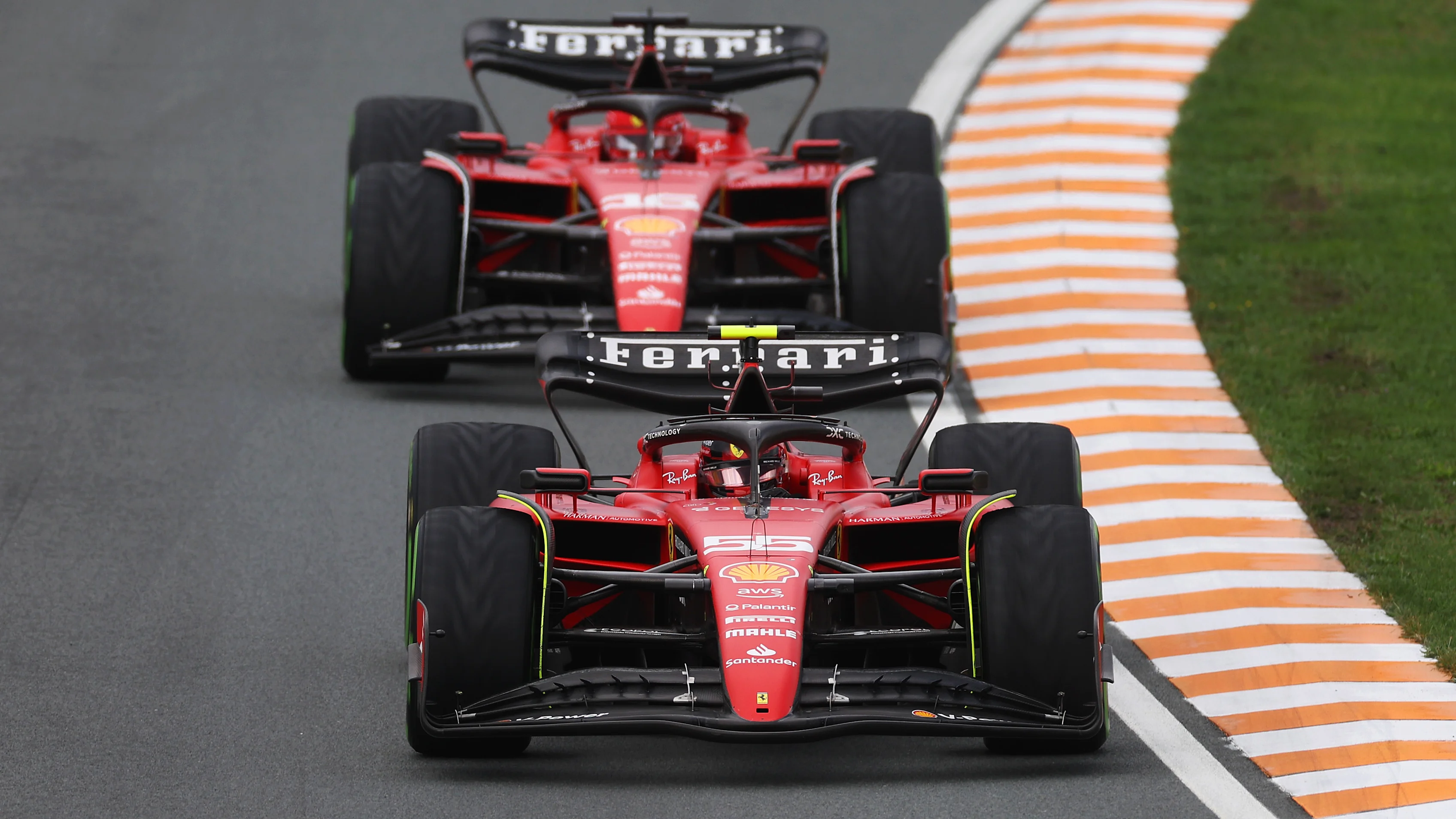 ZANDVOORT, NETHERLANDS - AUGUST 27: Carlos Sainz of Spain driving (55) the Ferrari SF-23 leads