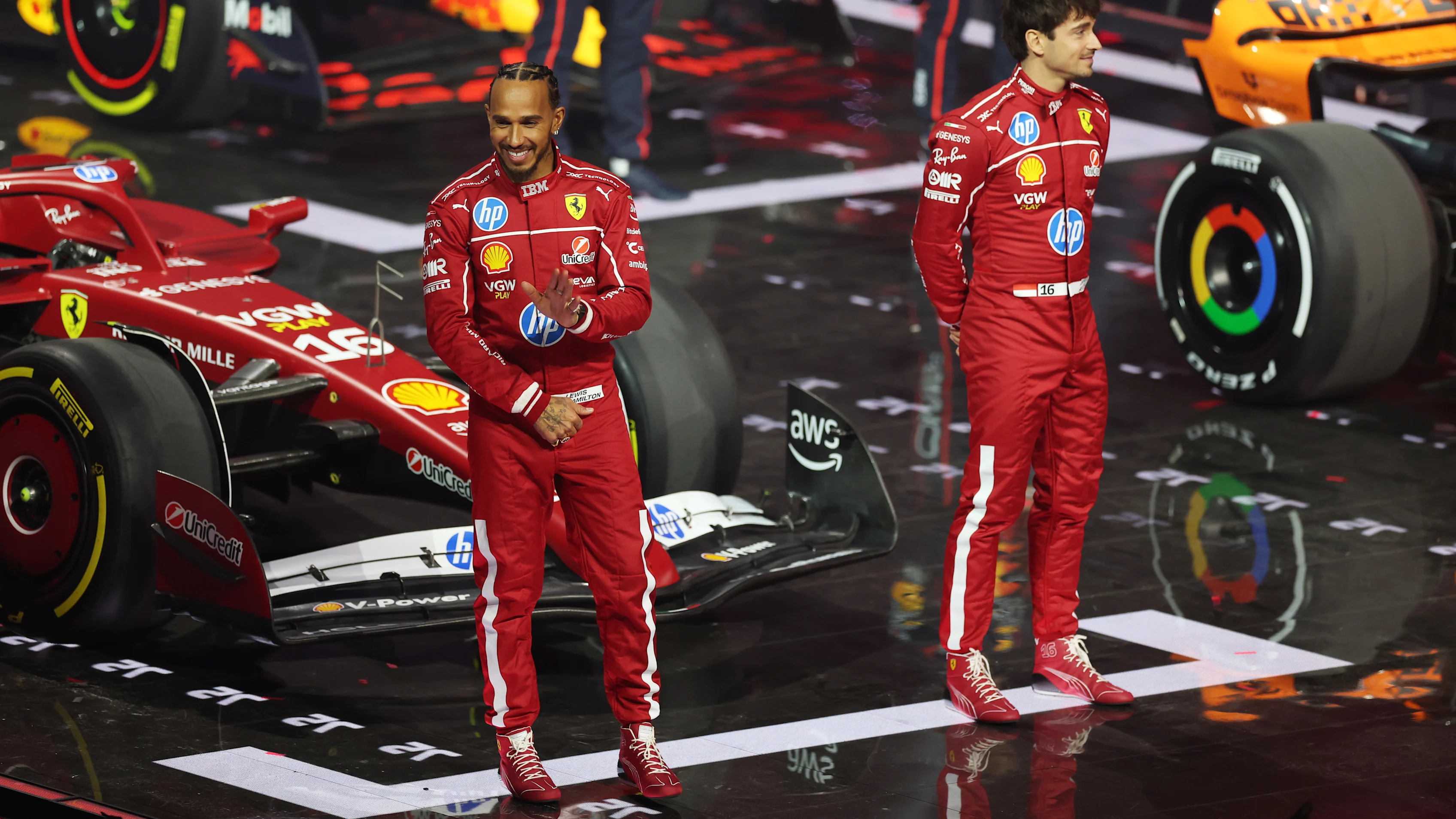 LONDON, ENGLAND - FEBRUARY 18: Lewis Hamilton of Great Britain and Scuderia Ferrari and Charles
