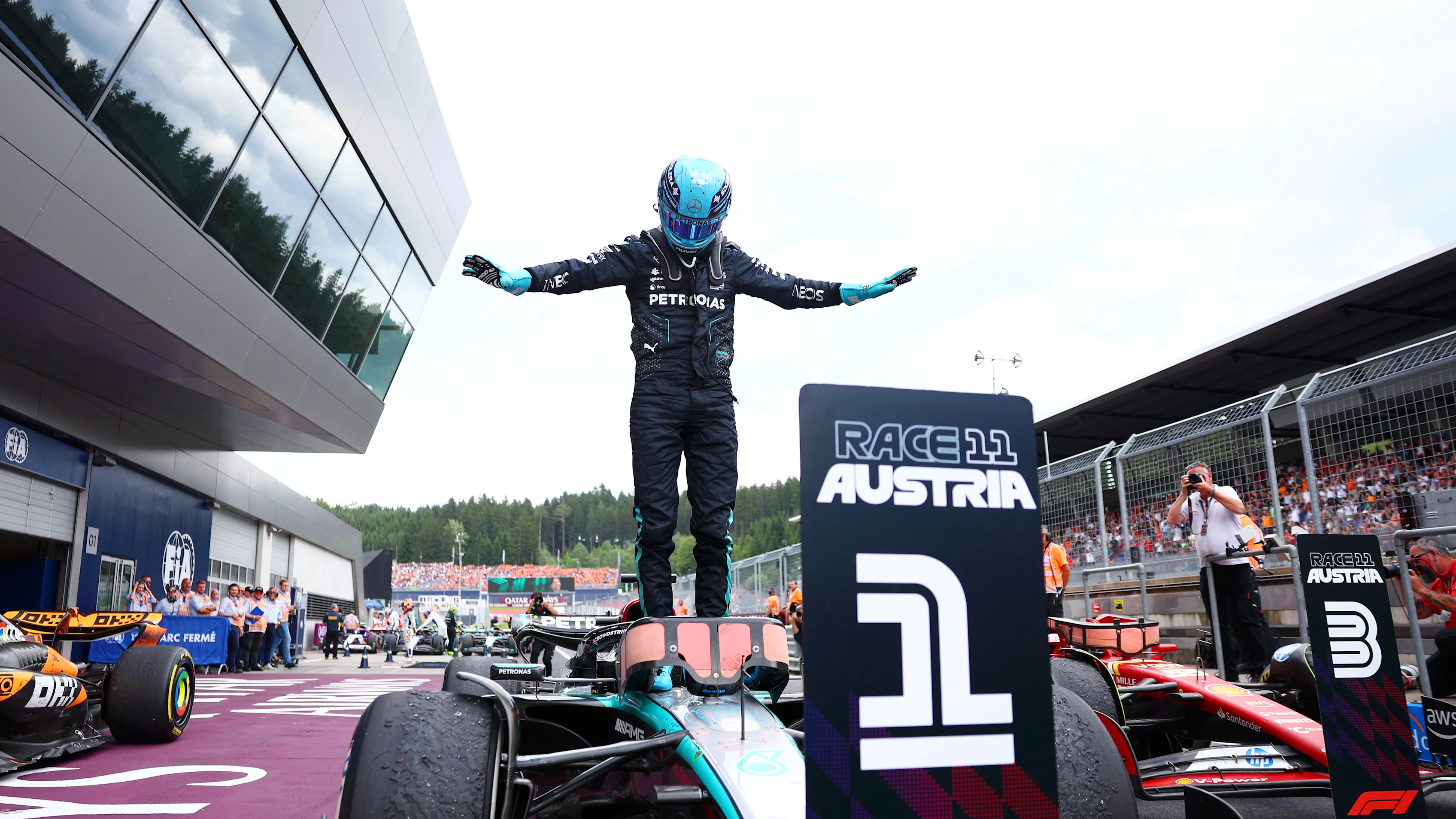 SPIELBERG, AUSTRIA - JUNE 30: Race winner George Russell of Great Britain and Mercedes celebrates