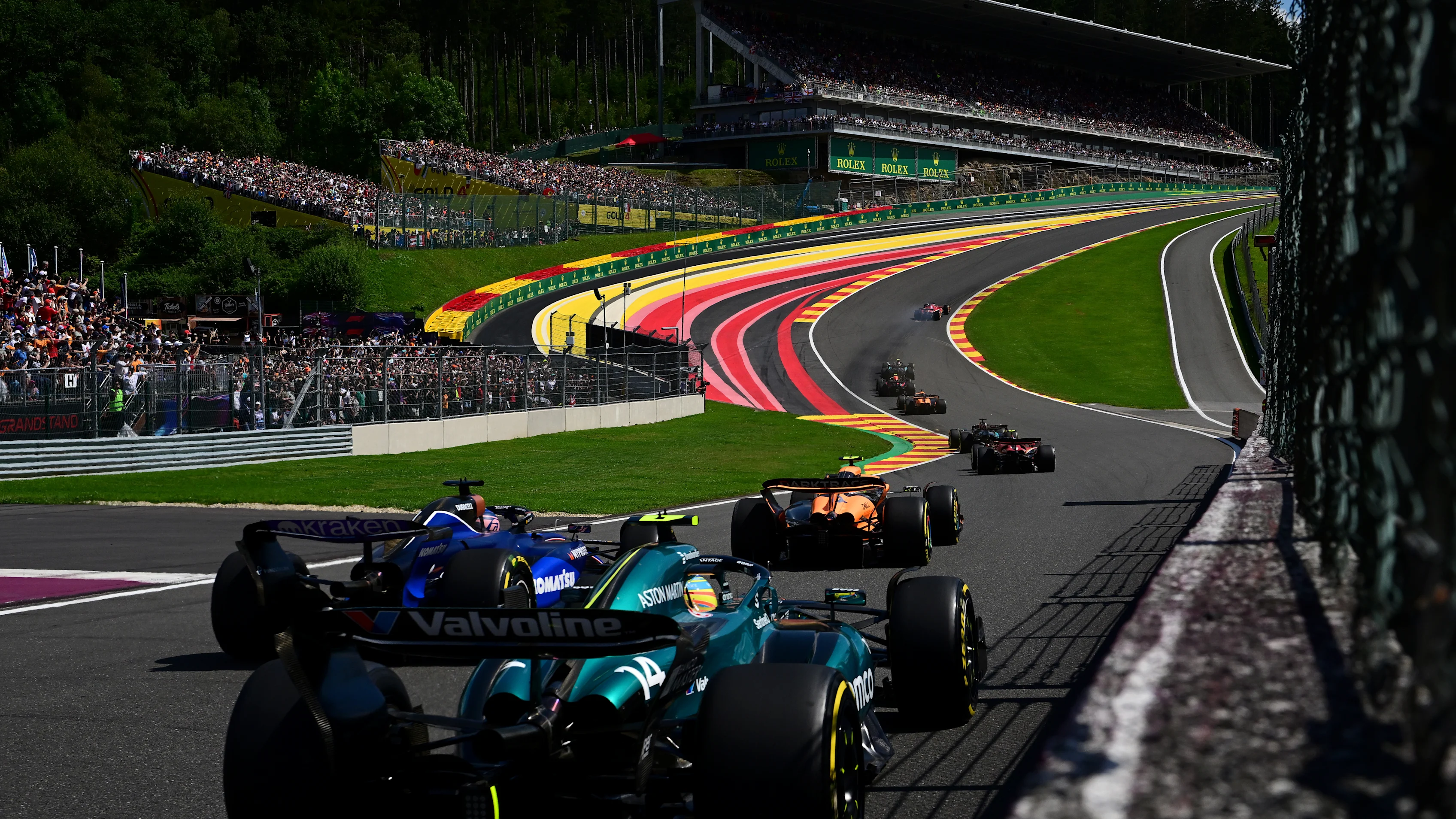 SPA, BELGIUM - JULY 28: Fernando Alonso of Spain driving the (14) Aston Martin AMR24 Mercedes and