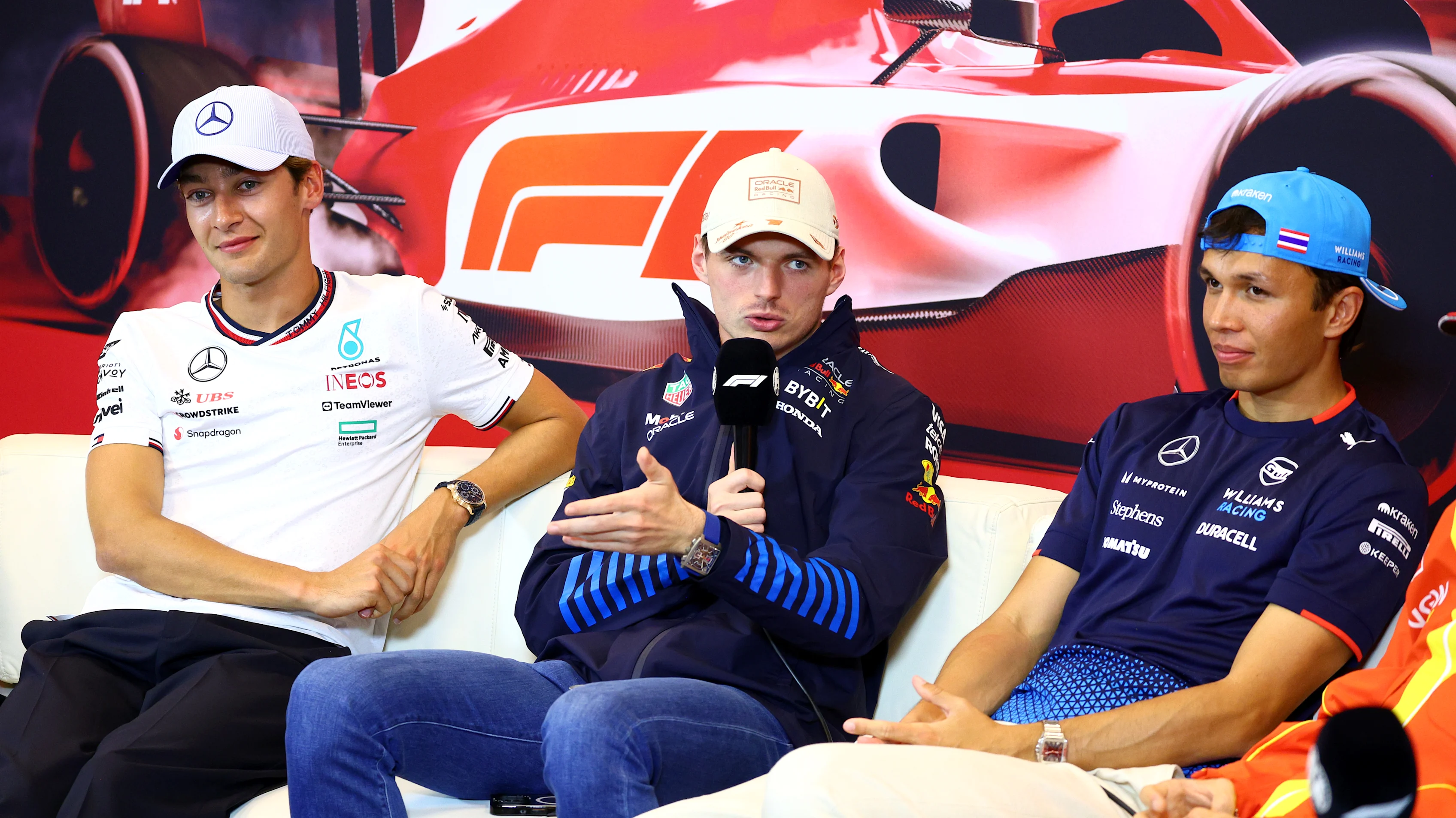 MONTE-CARLO, MONACO - MAY 23: George Russell of Great Britain and Mercedes, Max Verstappen of the