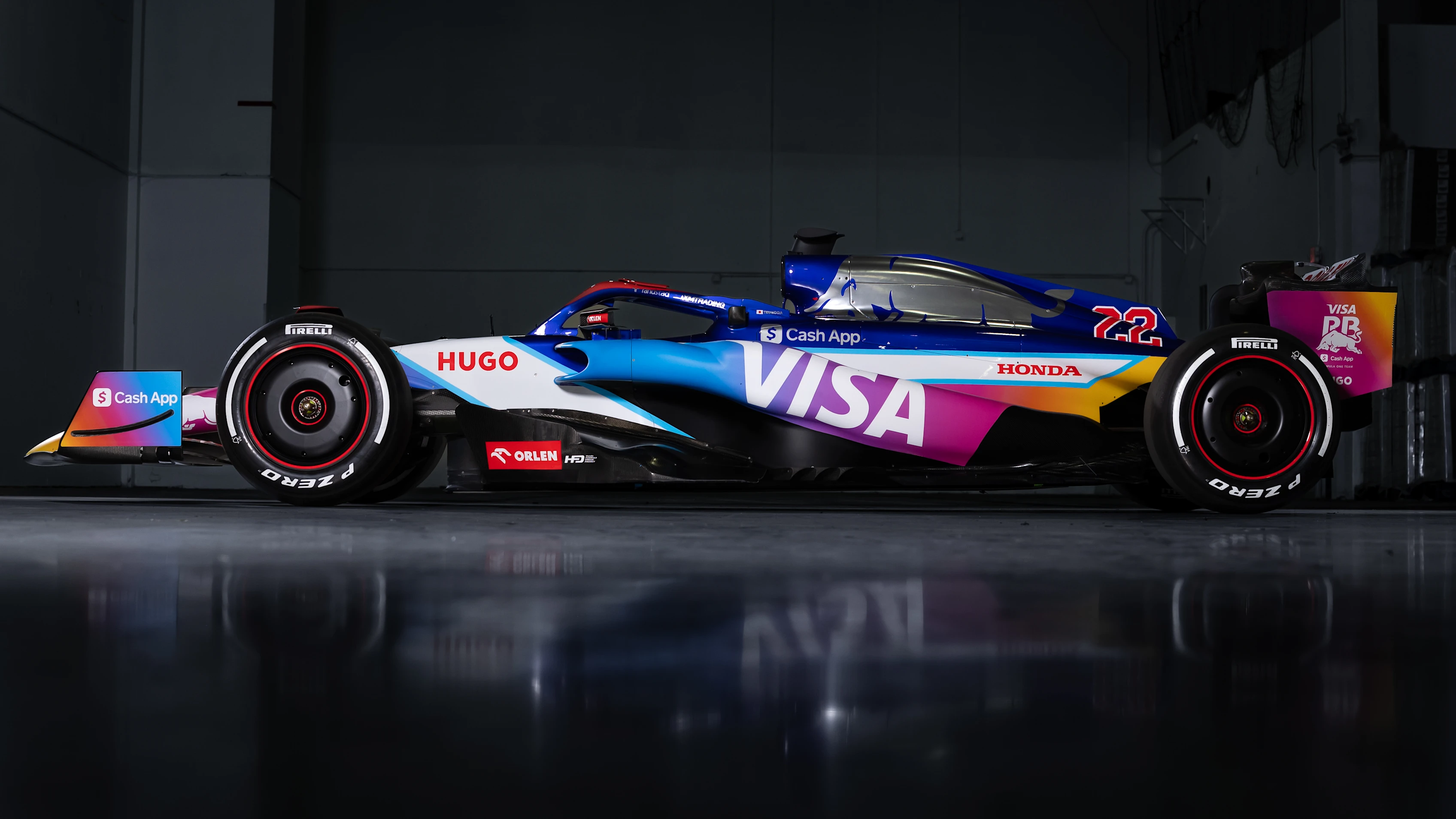 MIAMI, FLORIDA - APRIL 29: A side view of the Visa Cash App RB VCARB 01 livery prior to the Visa