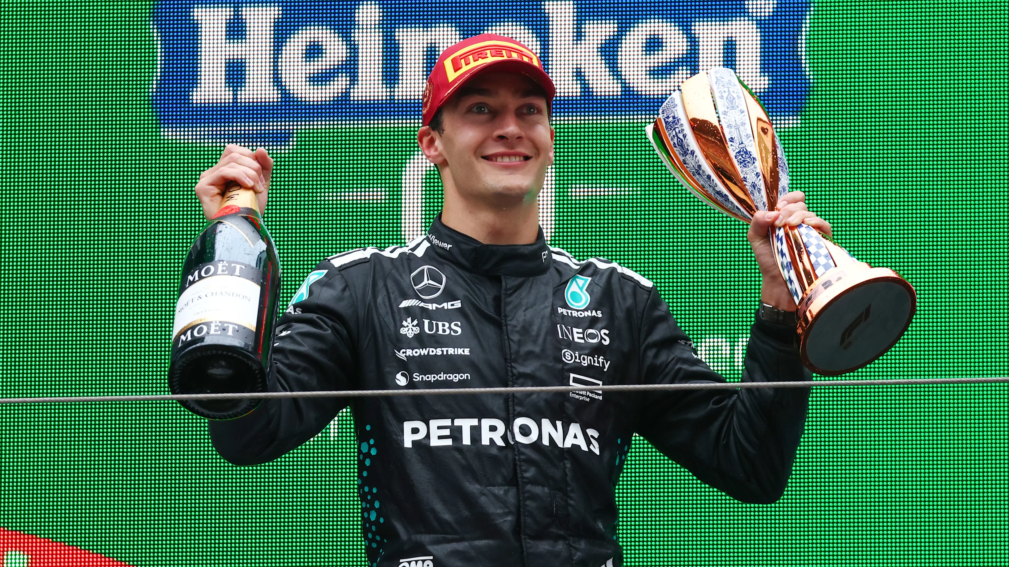 SHANGHAI, CHINA - MARCH 23: Third placed George Russell of Great Britain and Mercedes AMG Petronas