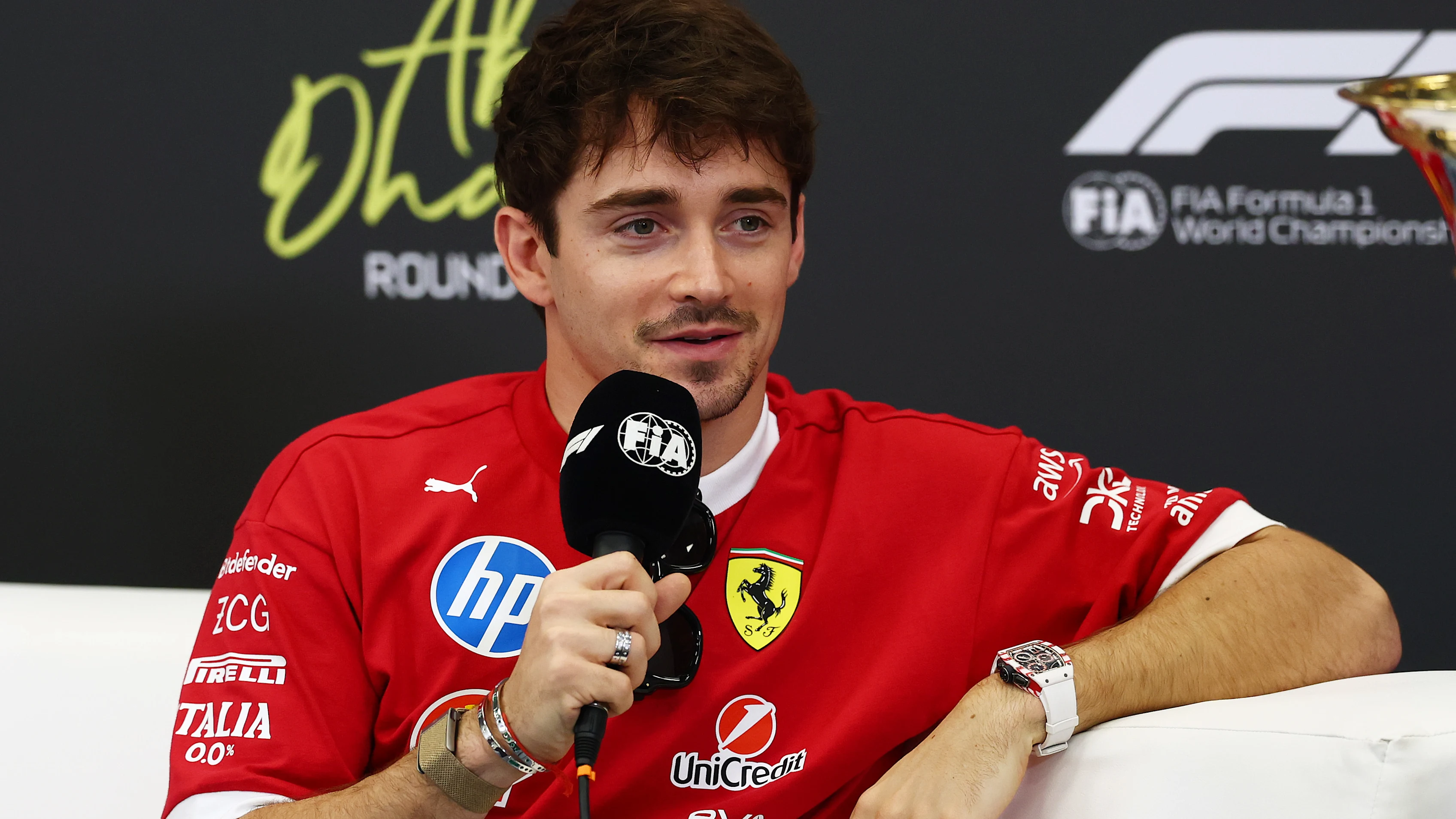 ABU DHABI, UNITED ARAB EMIRATES - DECEMBER 04: Charles Leclerc of Monaco and Scuderia Ferrari speaks in the Drivers Press Conference during previews ahead of the F1 Grand Prix of Abu Dhabi at Yas Marina Circuit on December 04, 2025 in Abu Dhabi, United Arab Emirates. (Photo by Clive Rose/Getty Images)